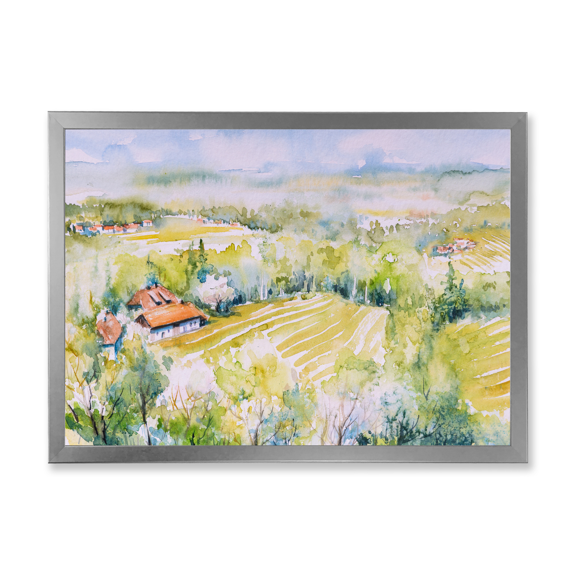 Designart 'Abstract Blossoming Green Fields In Countryside ' Country Framed Art Print