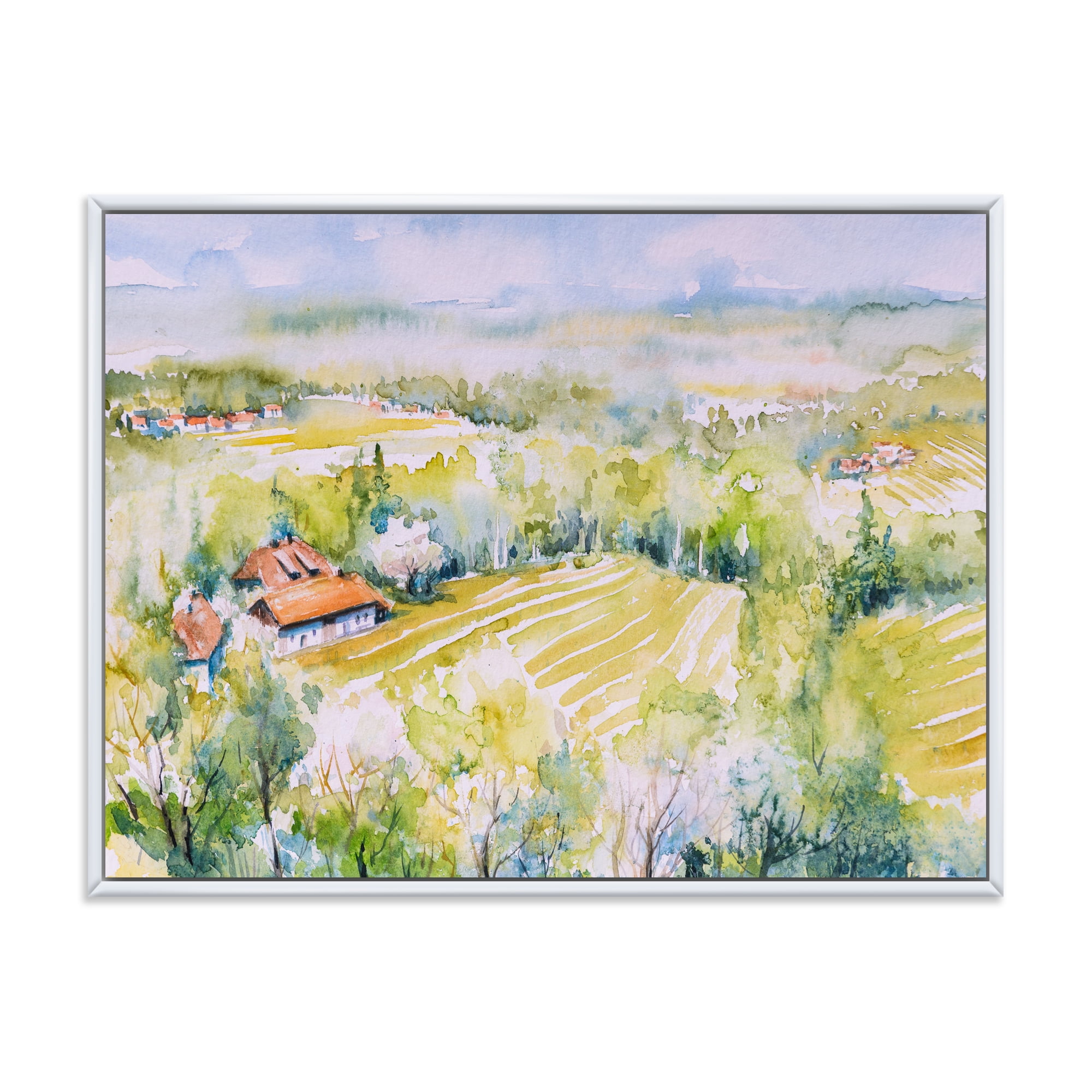 Designart 'Abstract Blossoming Green Fields In Countryside ' Country Framed Canvas Wall Art Print