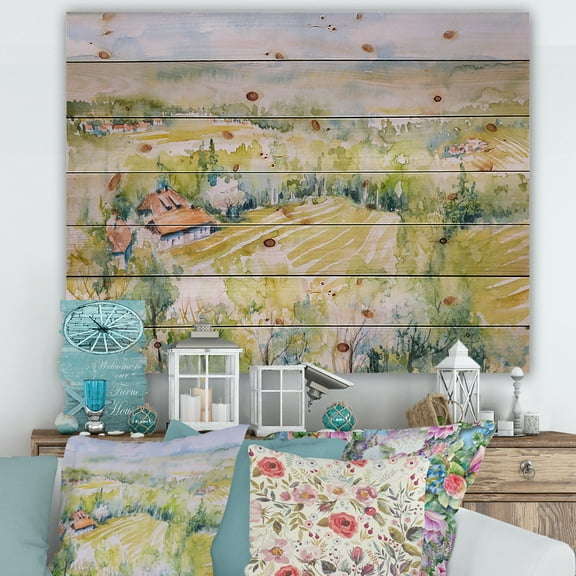 Designart 'Abstract Blossoming Green Fields In Countryside ' Country Print on Natural Pine Wood