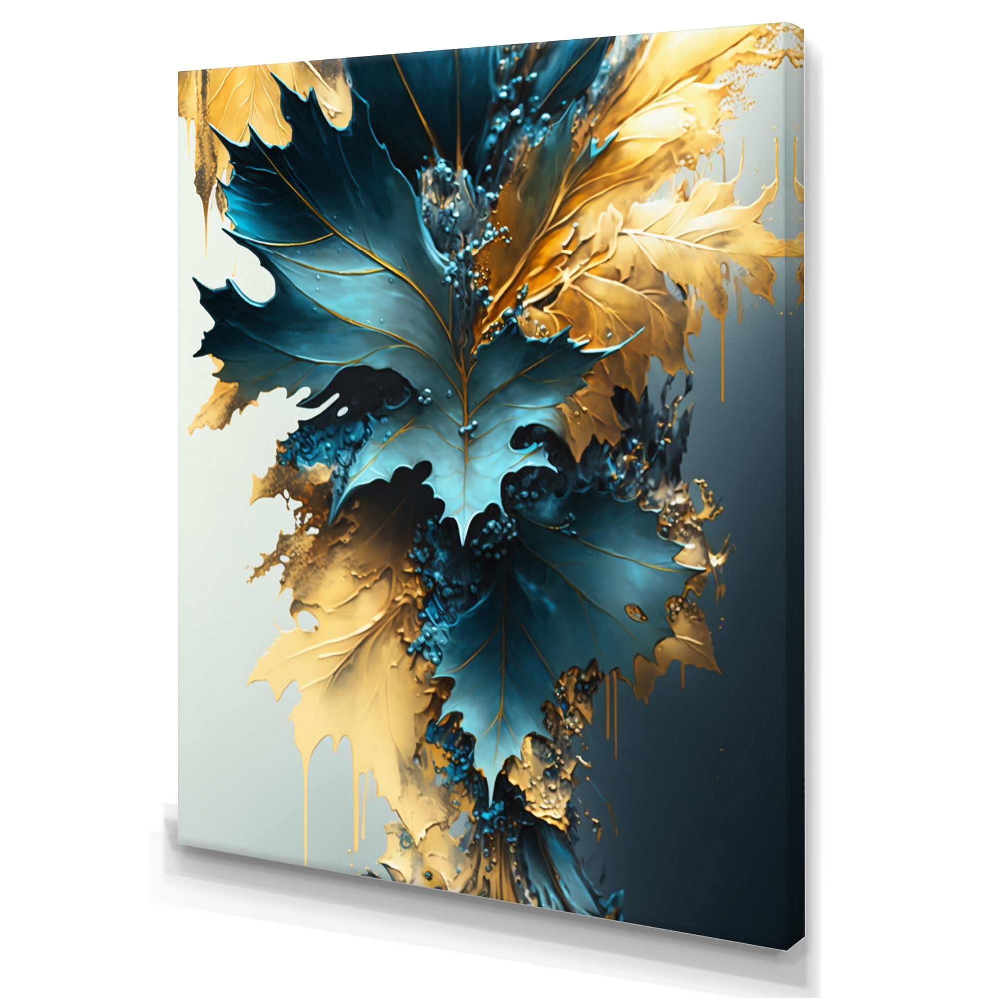 Designart Abstract Blue And Gold Leaves II Canvas Wall Art