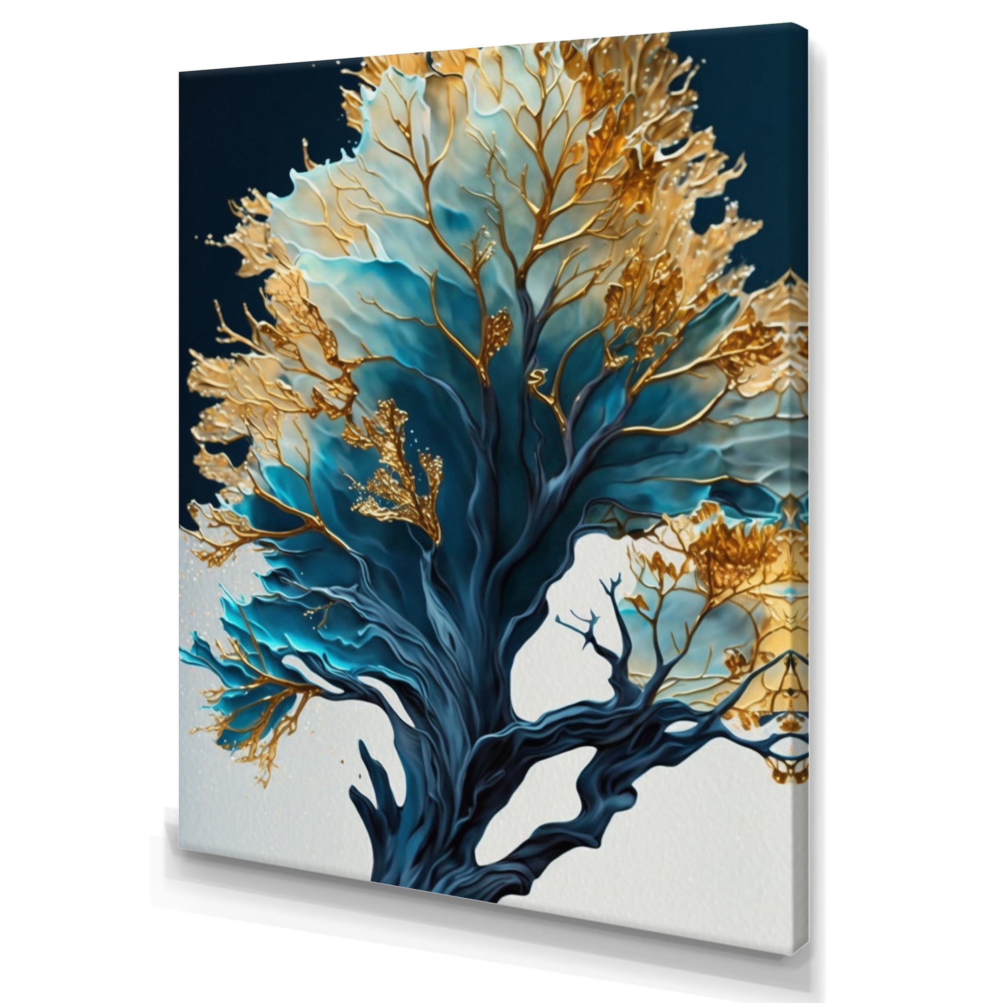 Designart Abstract Blue And Gold Leaves IV Canvas Wall Art