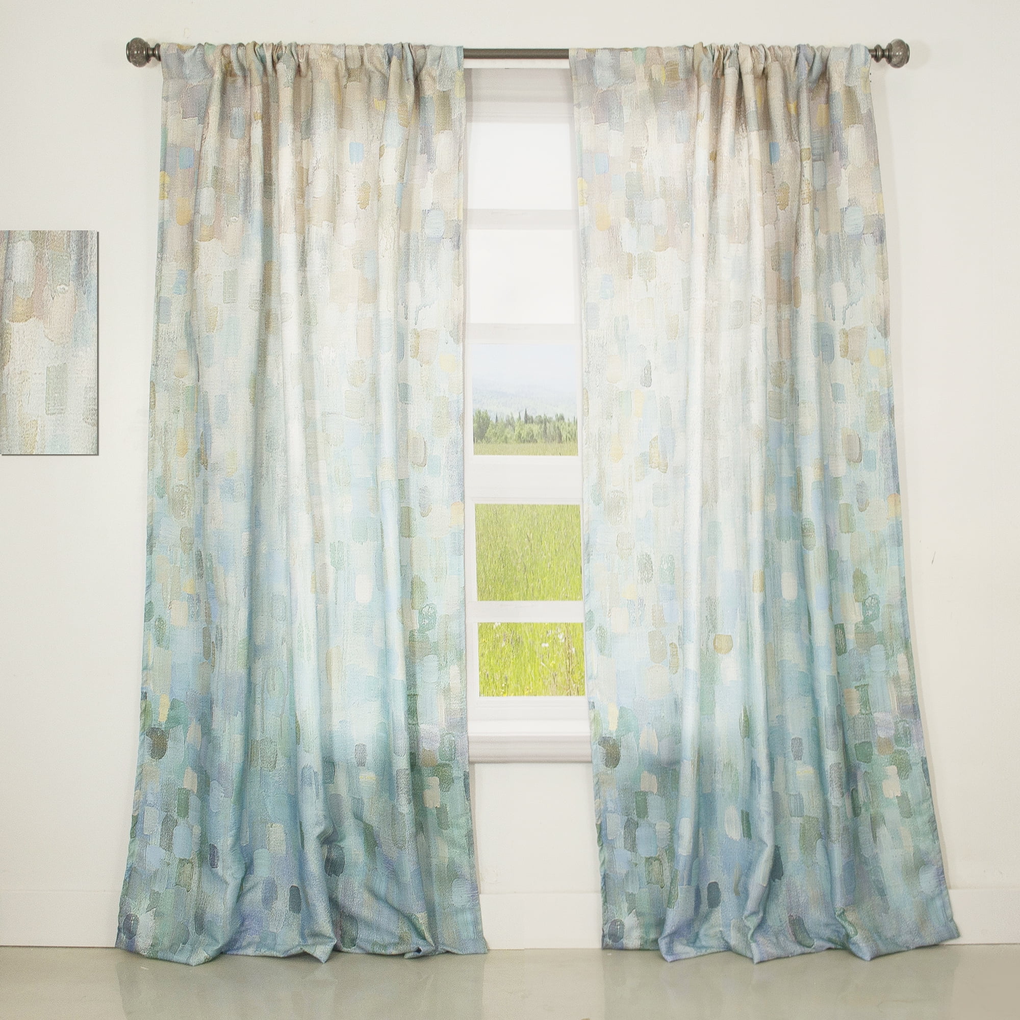 Abstract Blue Faux Linen Sheer Rod Pocket Curtain Panel