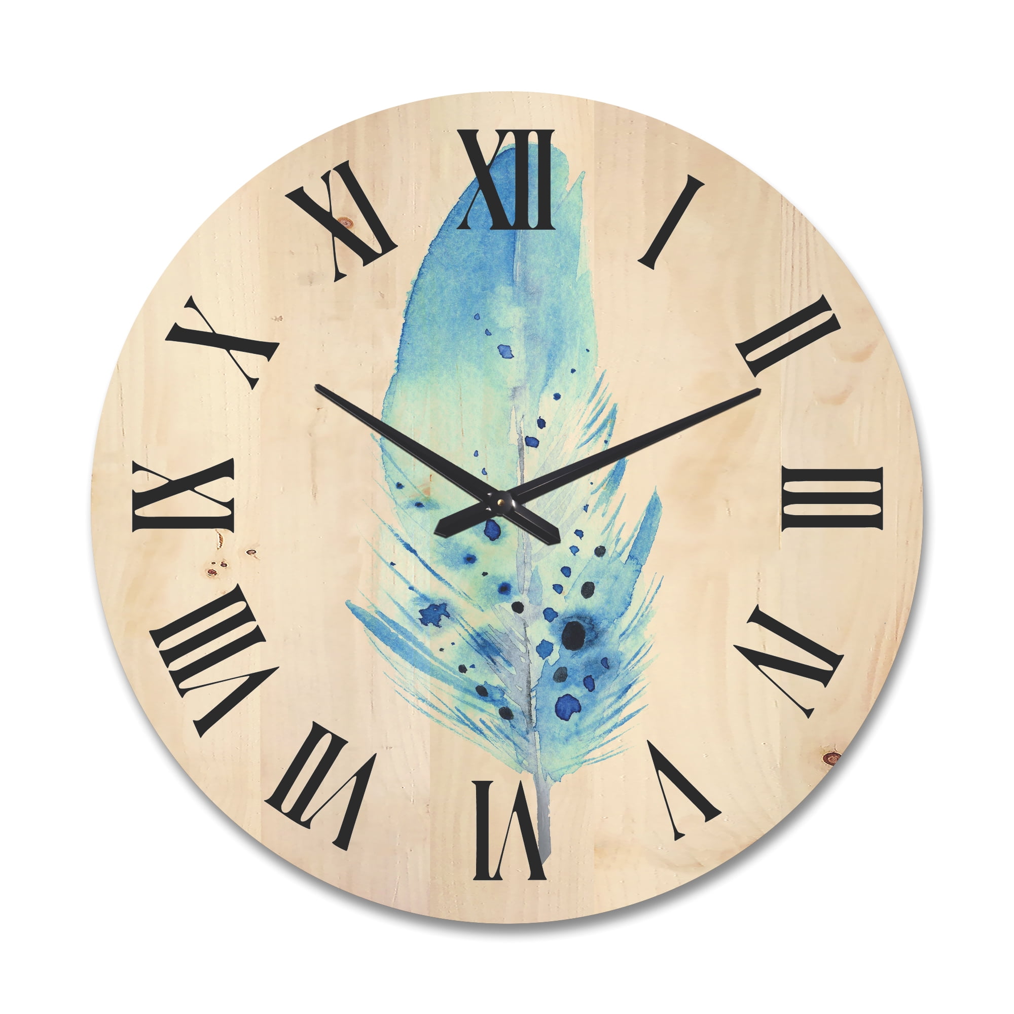 Designart 'Abstract Blue Boho Feathers' Bohemian & Eclectic Wood Wall Clock