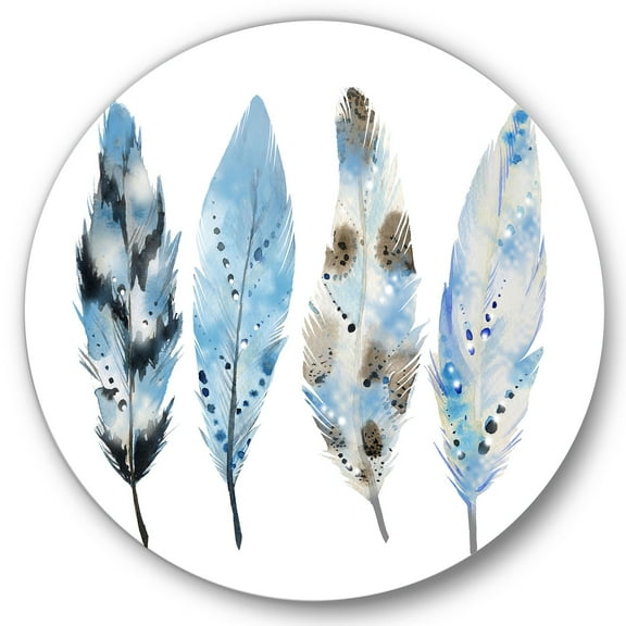 Designart 'Abstract Blue Boho Feathers I' Bohemian & Eclectic Circle Metal Wall Art 36x36 - Disc of 36