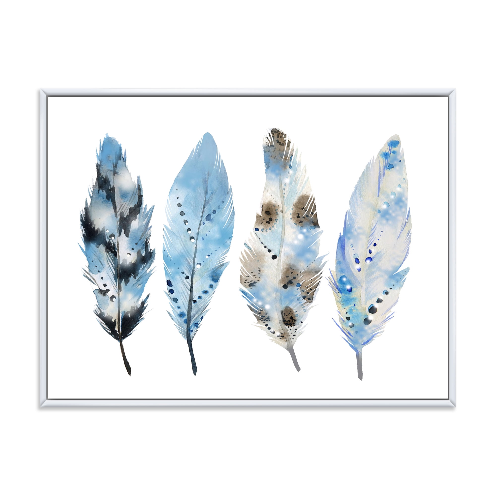 Designart 'Abstract Blue Boho Feathers I' Bohemian & Eclectic Framed Canvas Wall Art Print