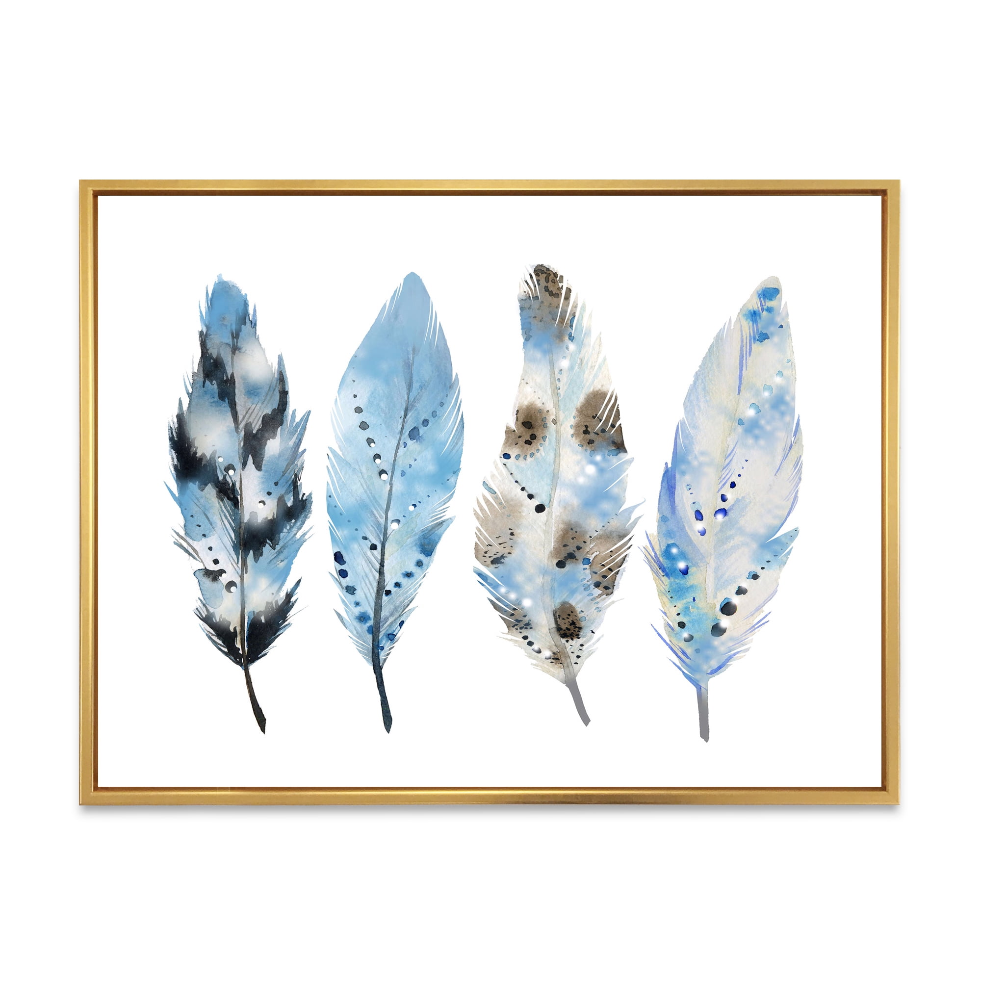 Designart 'Abstract Blue Boho Feathers I' Bohemian & Eclectic Framed Canvas Wall Art Print