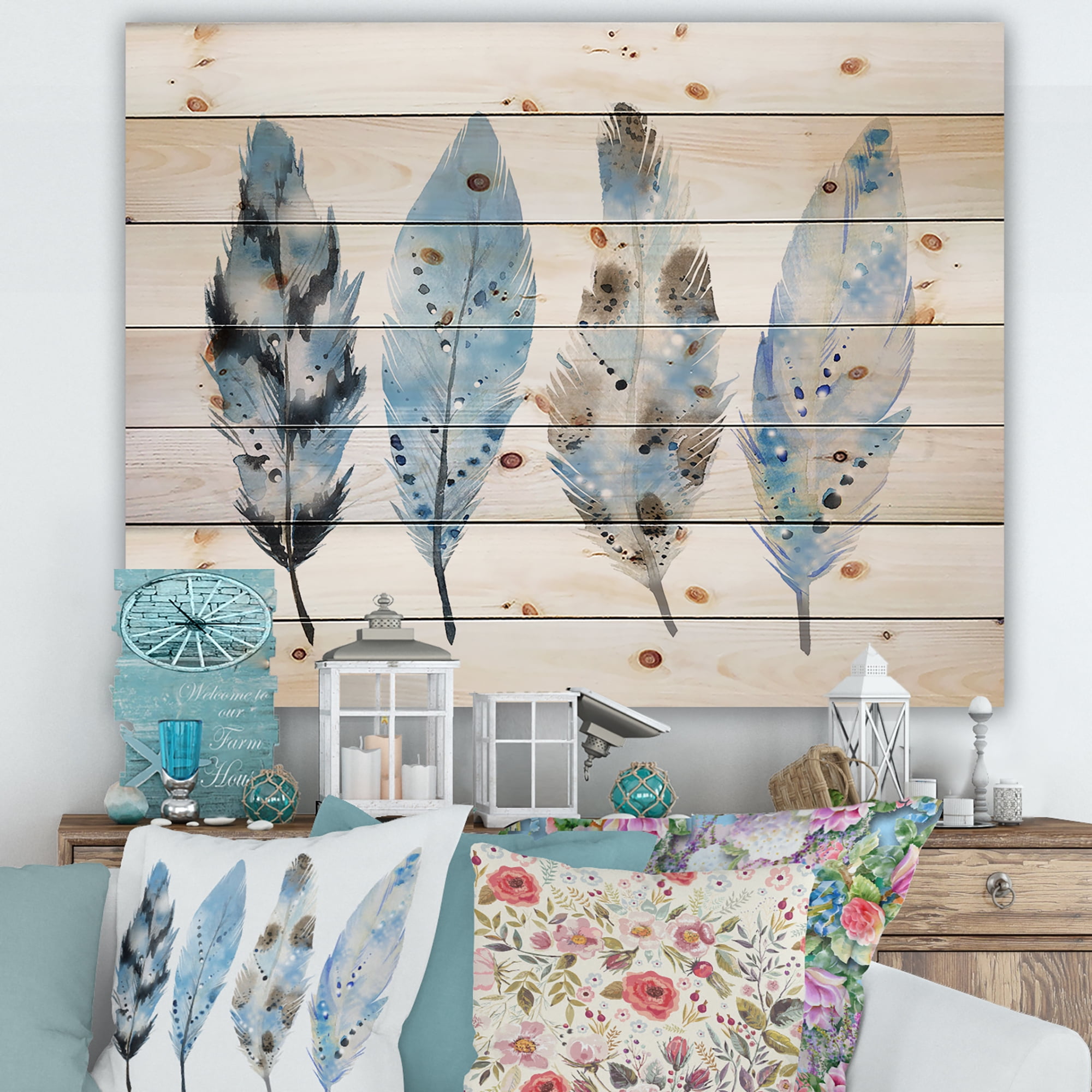 Designart 'Abstract Blue Boho Feathers I' Bohemian & Eclectic Print on Natural Pine Wood