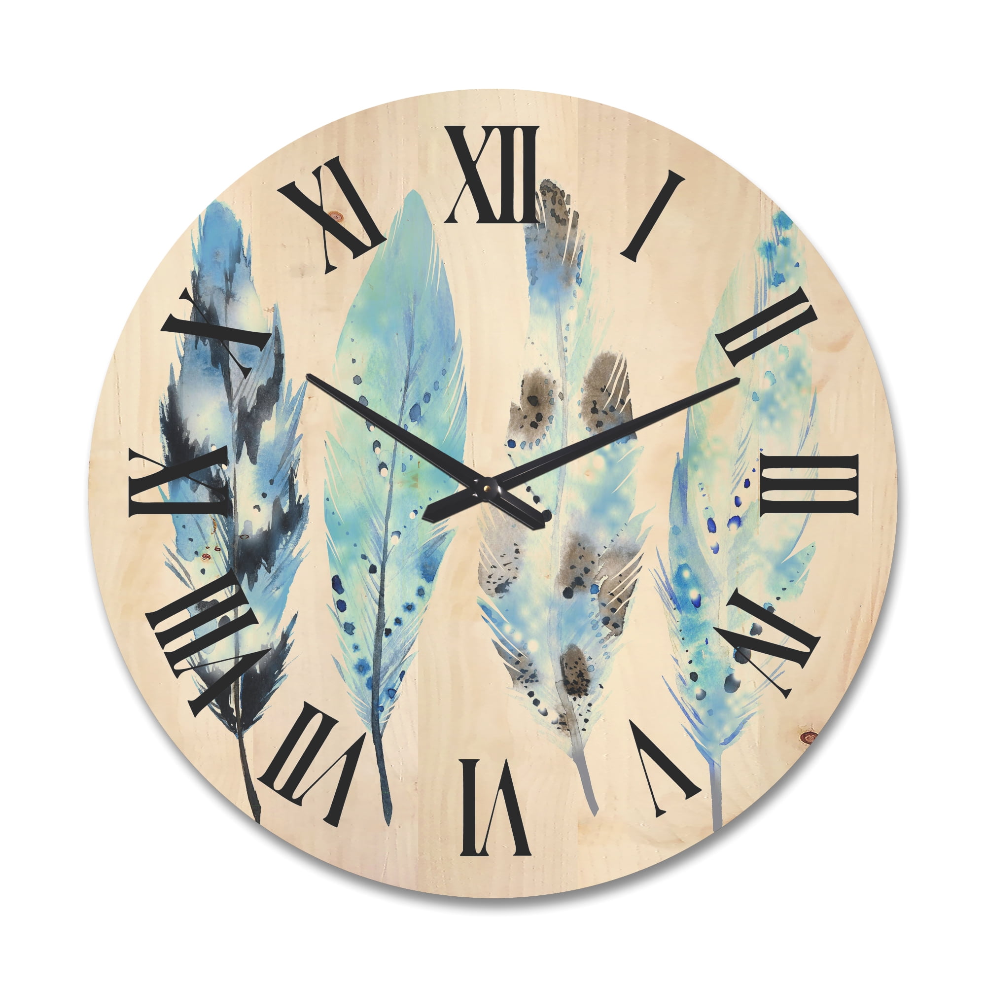 Designart 'Abstract Blue Boho Feathers I' Bohemian & Eclectic Wood Wall Clock