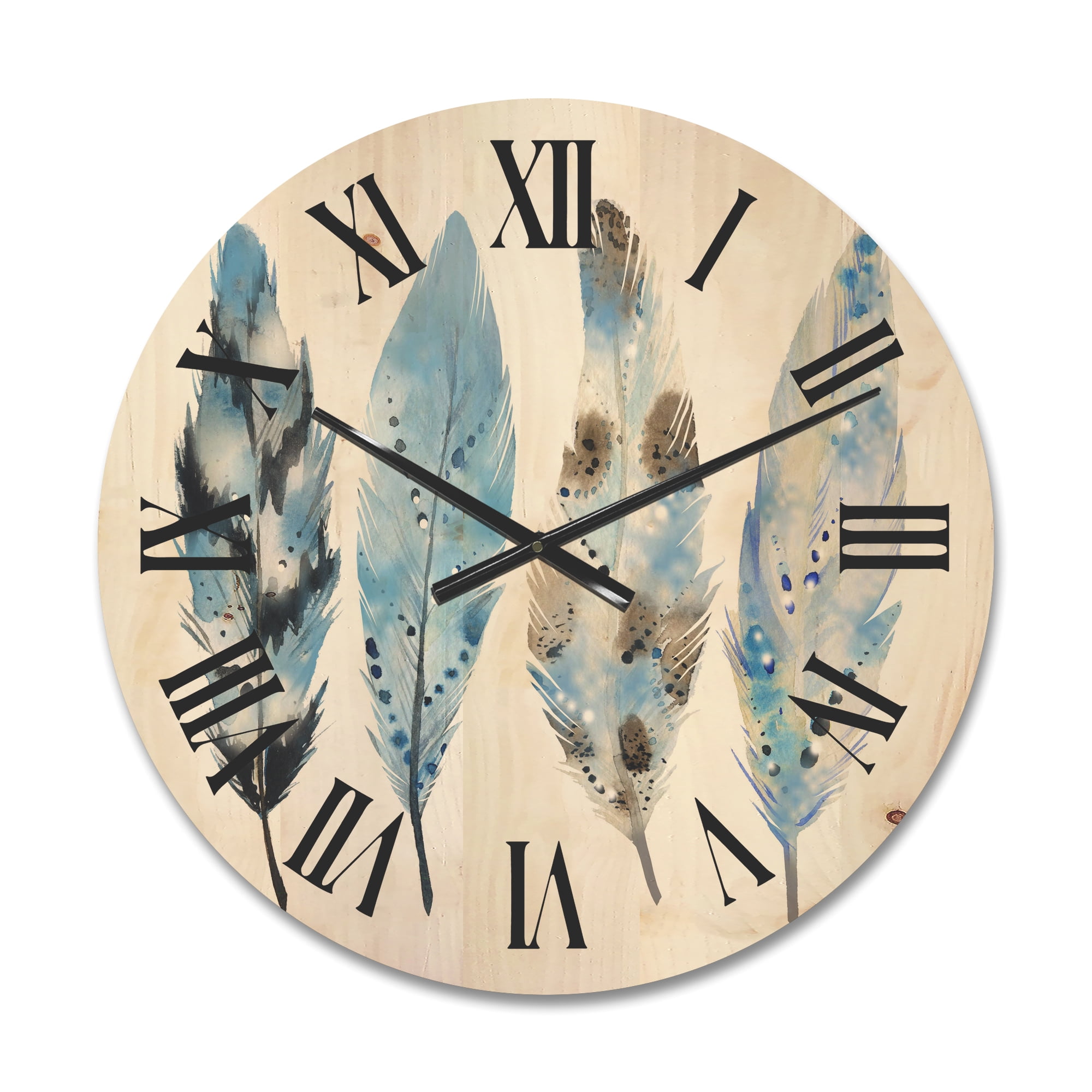 Designart 'Abstract Blue Boho Feathers I' Bohemian & Eclectic Wood Wall Clock