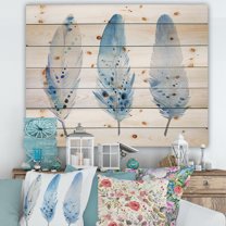 Designart 'Abstract Blue Boho Feathers II' Lake House Print on Natural Pine Wood