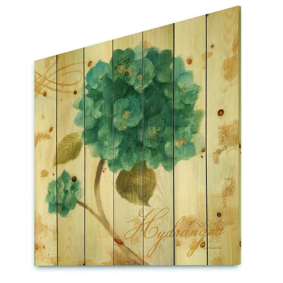 Designart 'Abstract Blue Cottage Flower Hydrangea II' Farmhouse Print on Natural Pine Wood