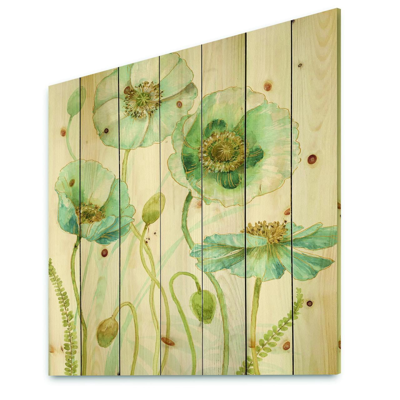 Designart 'Abstract Blue Cottage Flowers Drawing I' Farmhouse Print on Natural Pine Wood