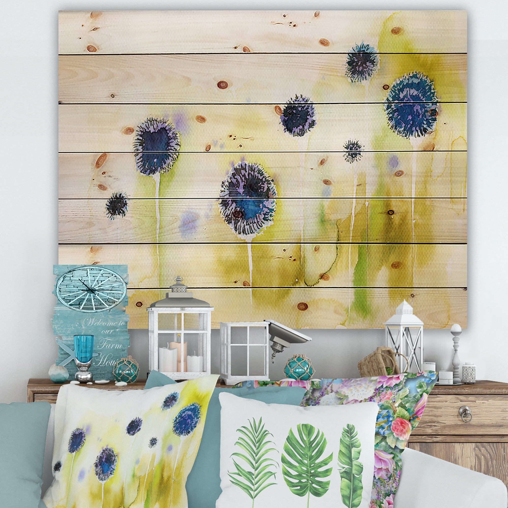 Designart 'Abstract Blue Flowers In The Meadow' Traditional Print on Natural Pine Wood