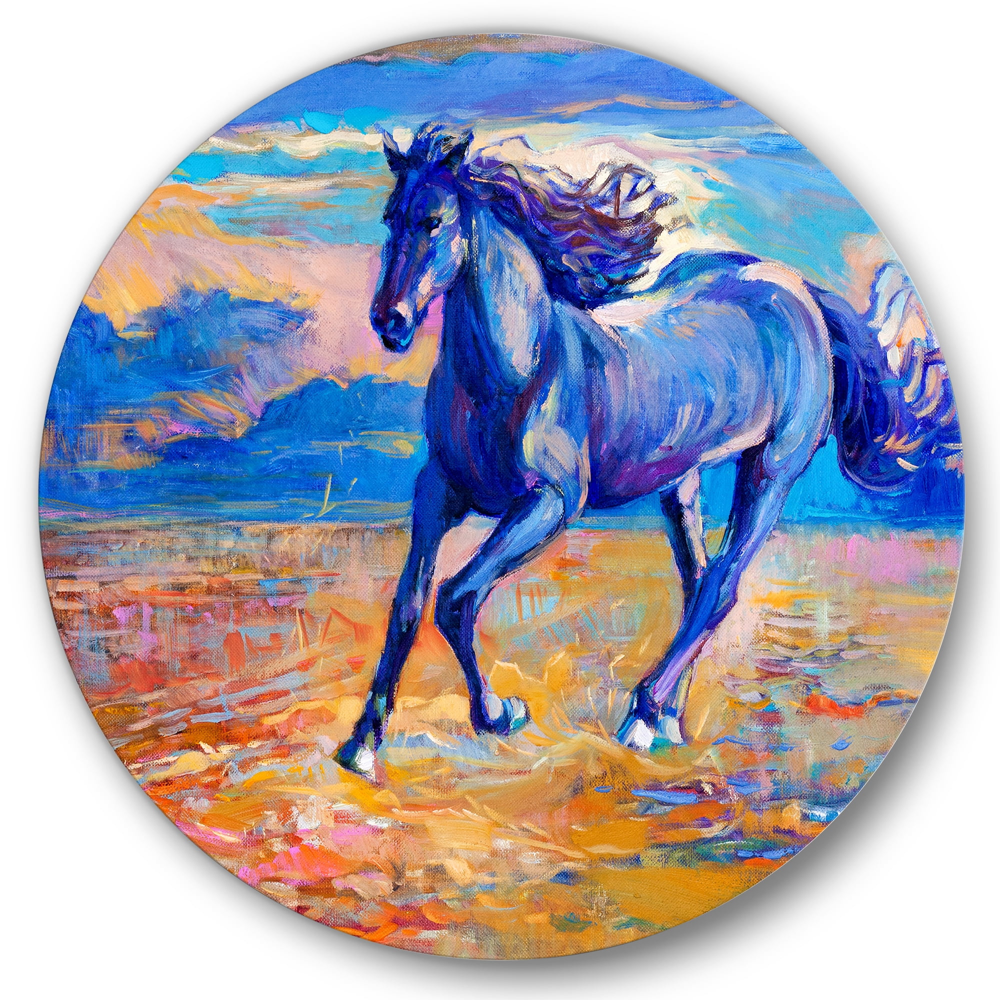 Designart 'Abstract Blue Horse Galoping Over The Prairie' Farmhouse Circle Metal Wall Art 29x29 - Disc of 29