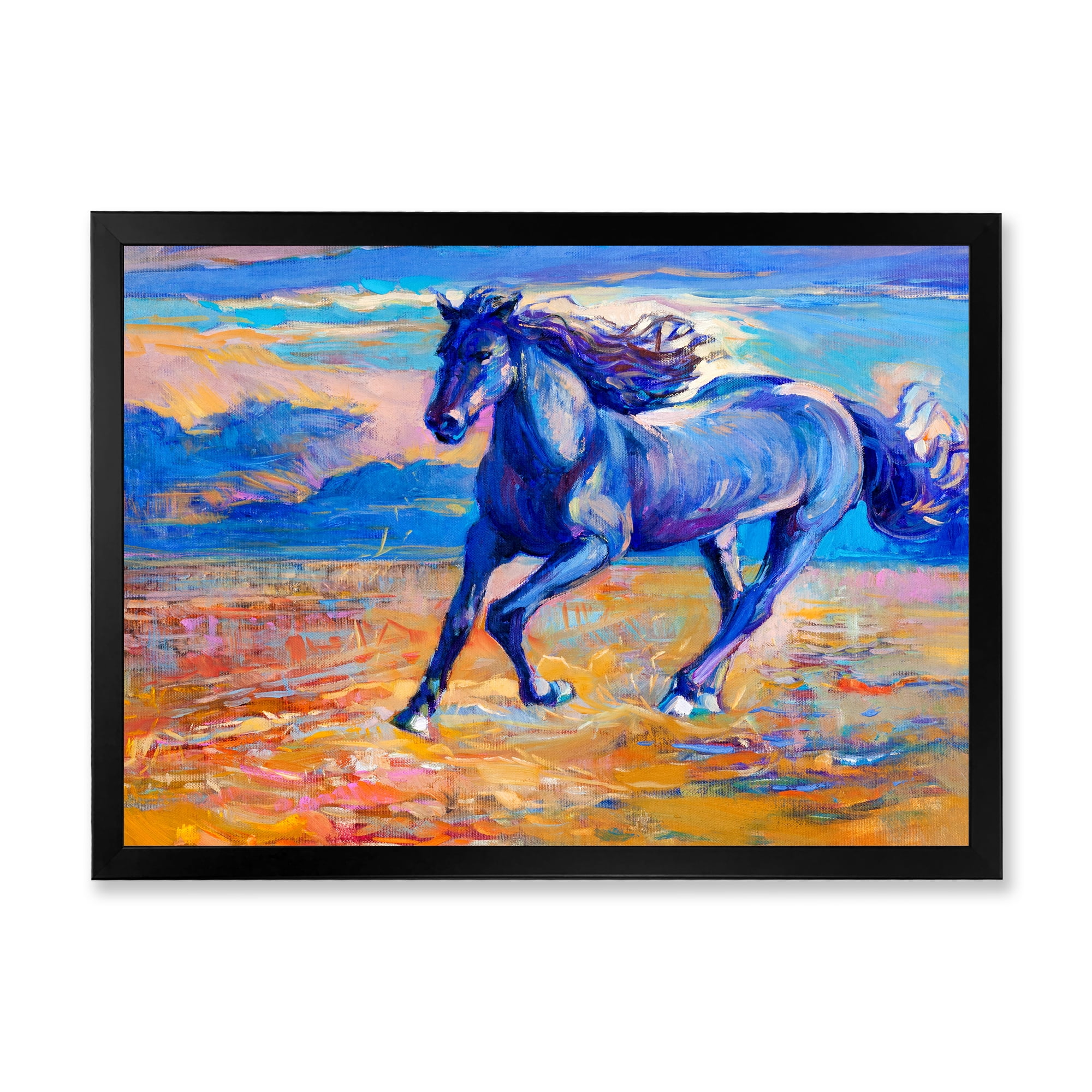 Designart 'Abstract Blue Horse Galoping Over The Prairie' Farmhouse Framed Art Print