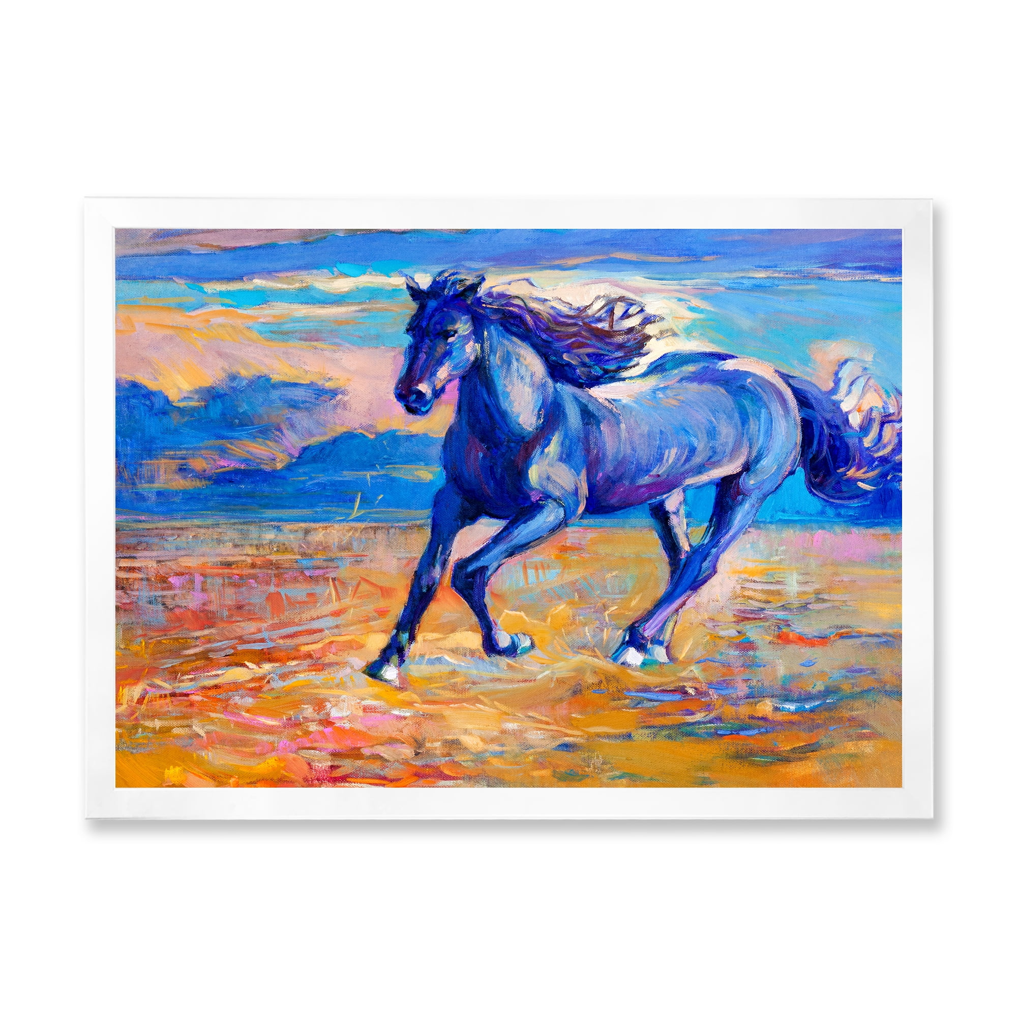 Designart 'Abstract Blue Horse Galoping Over The Prairie' Farmhouse Framed Art Print