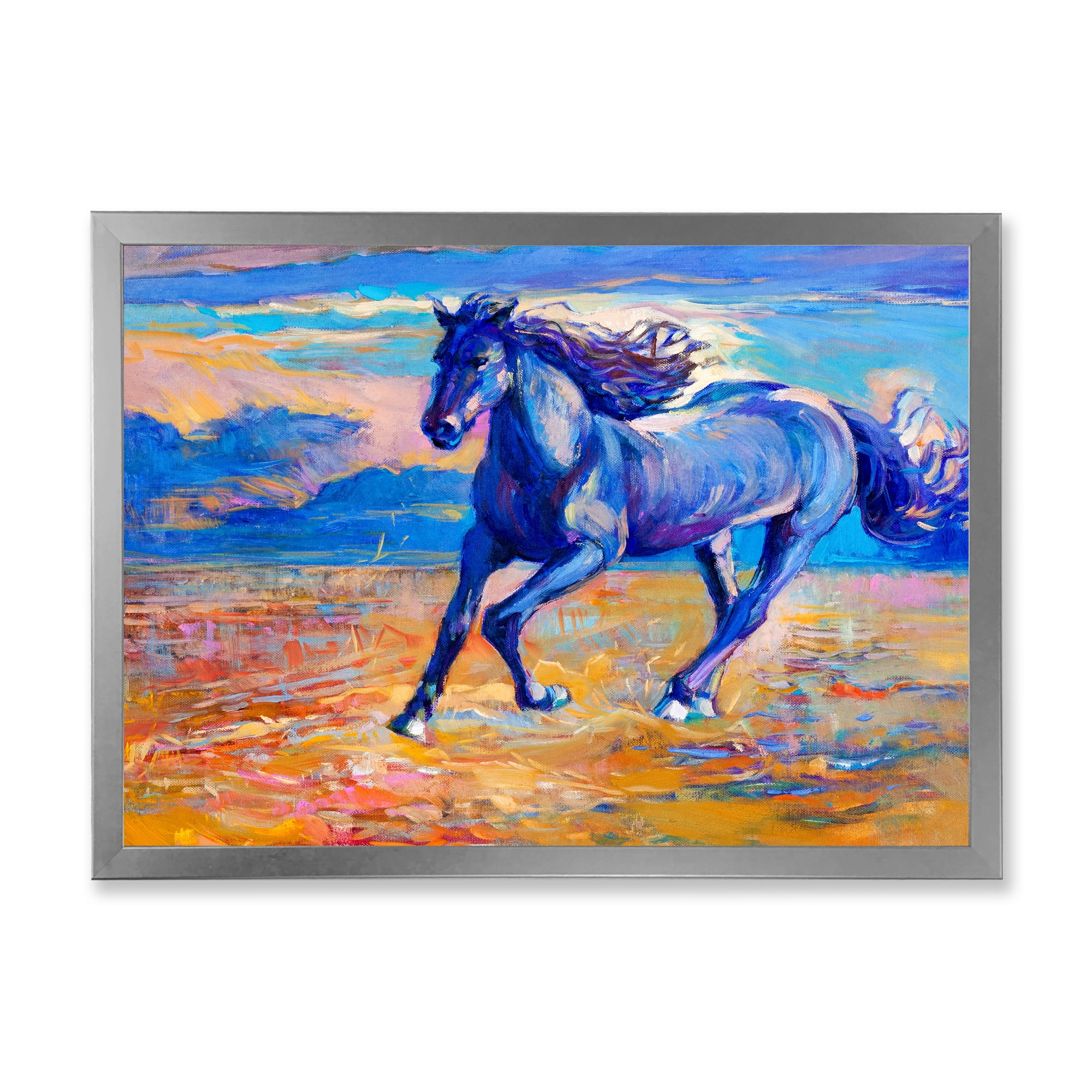 Designart 'Abstract Blue Horse Galoping Over The Prairie' Farmhouse Framed Art Print