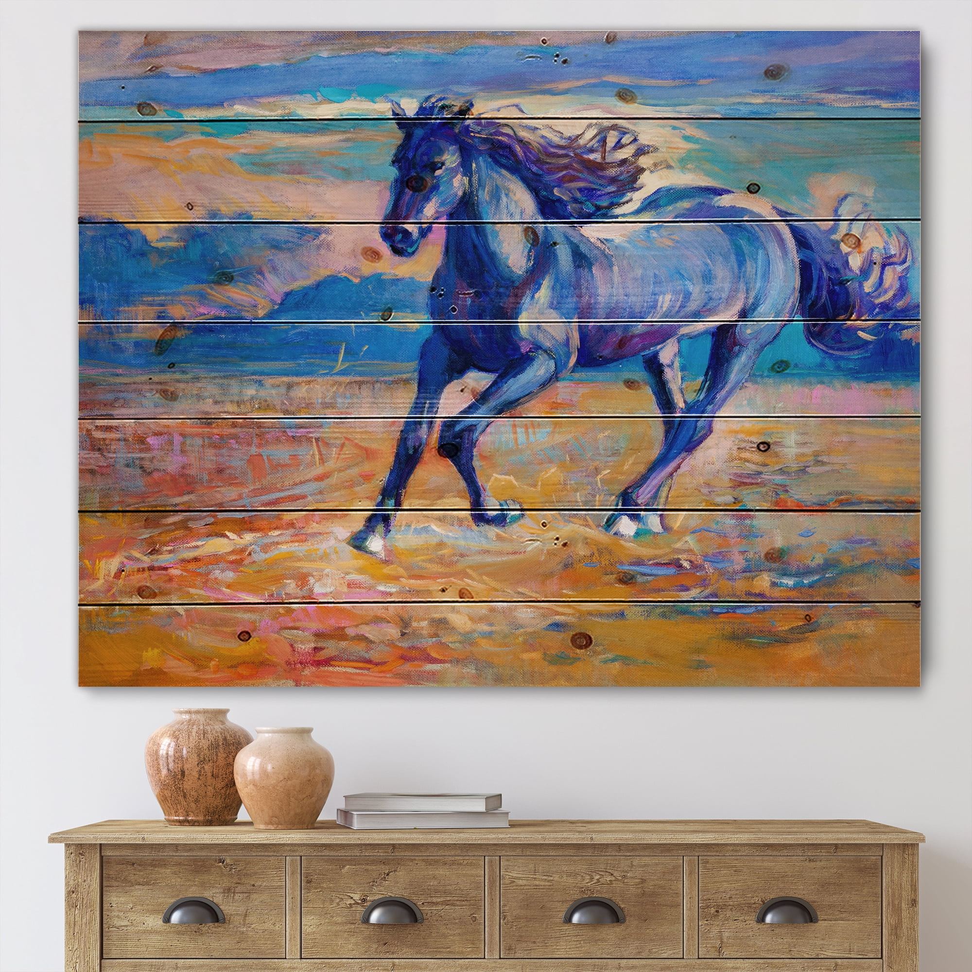 Designart 'Abstract Blue Horse Galoping Over The Prairie' Farmhouse Print on Natural Pine Wood