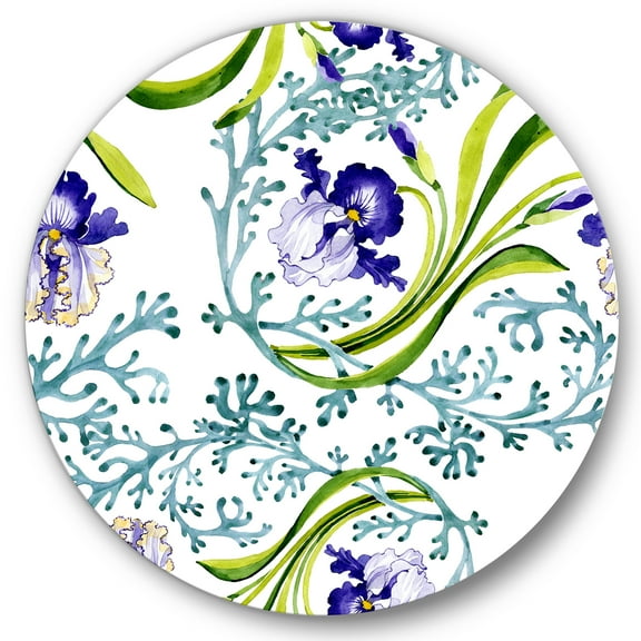 Designart 'Abstract Blue Iris With Wild Spring Leaves' Traditional Circle Metal Wall Art 36x36 - Disc of 36