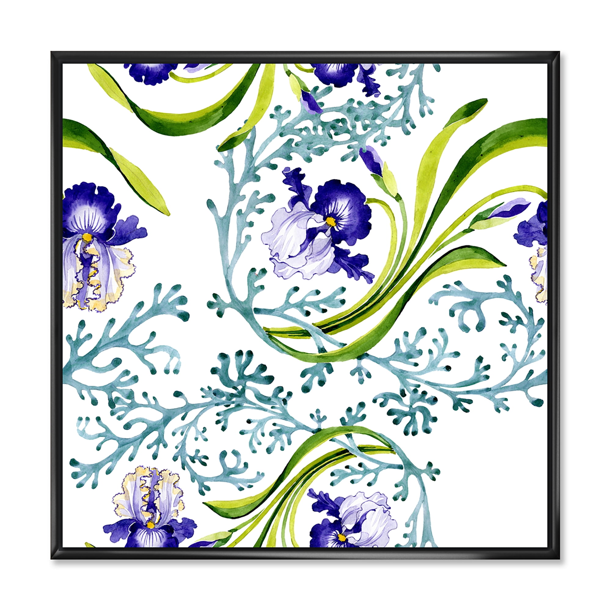 Designart 'Abstract Blue Iris With Wild Spring Leaves' Traditional Framed Canvas Wall Art Print