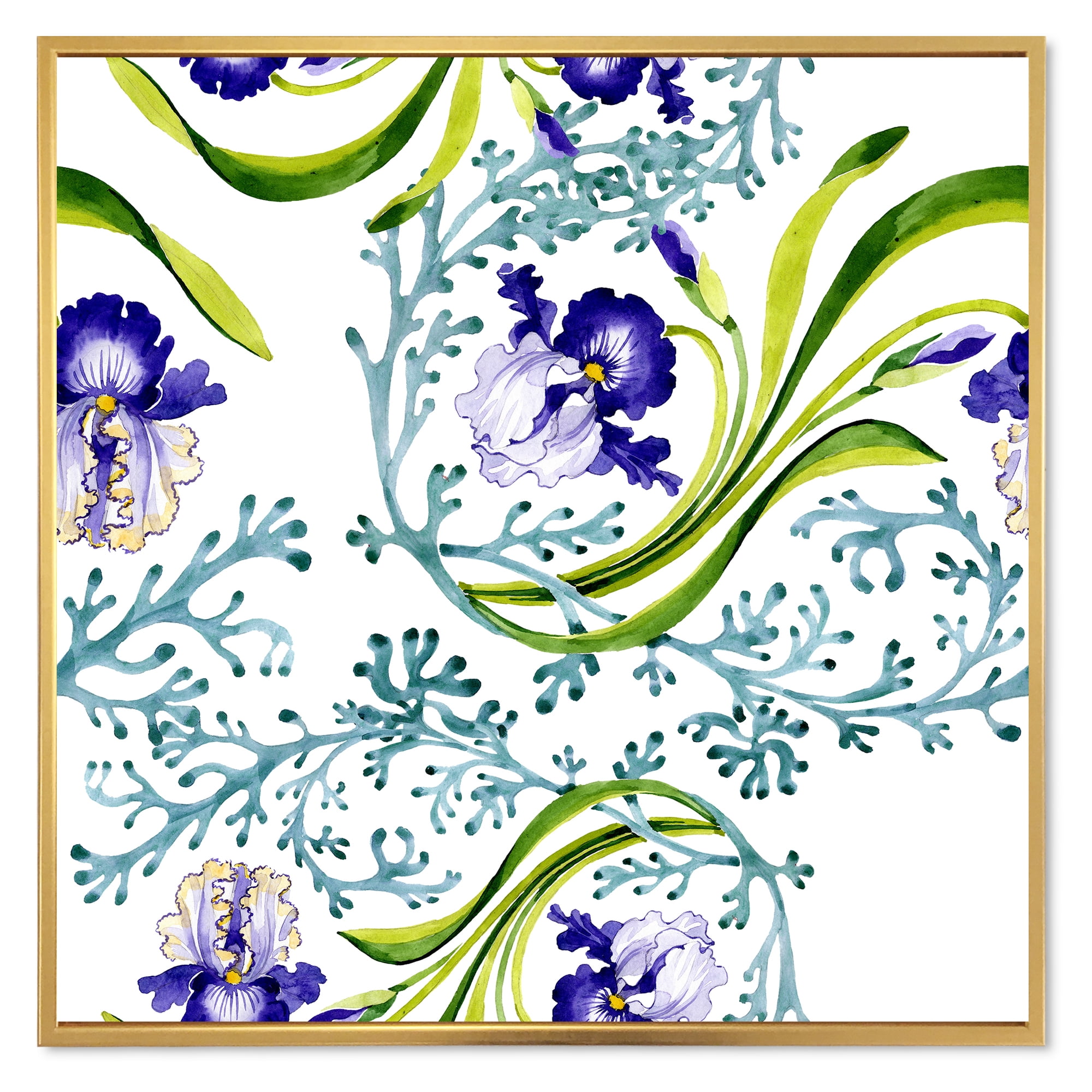 Designart 'Abstract Blue Iris With Wild Spring Leaves' Traditional Framed Canvas Wall Art Print