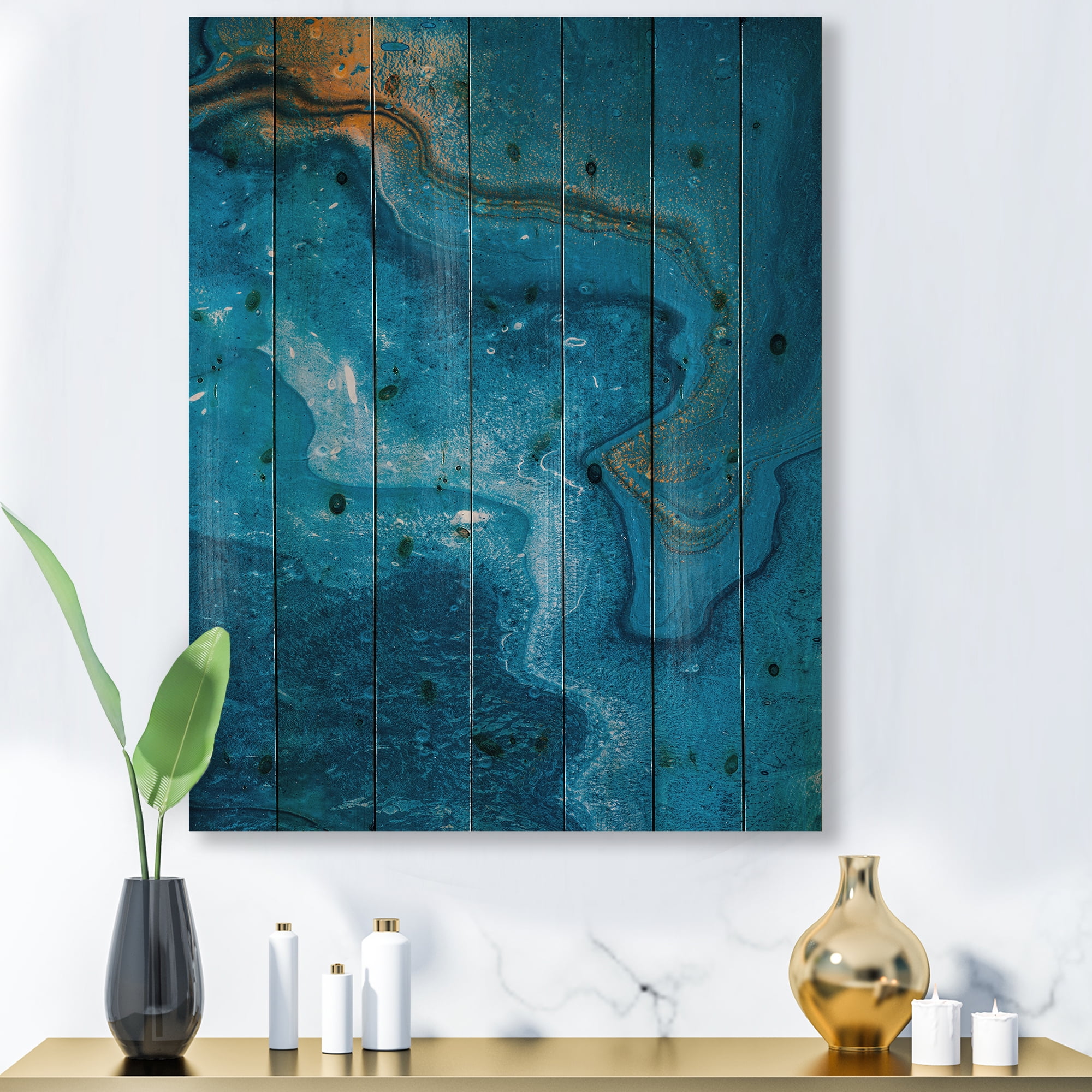Designart 'Abstract Blue Marble Composition II' Modern Print on Natural Pine Wood