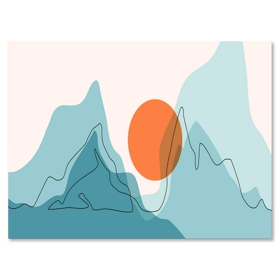 Designart ' Abstract Blue Mountains With Red Moon I ' Modern Canvas Wall Art Print