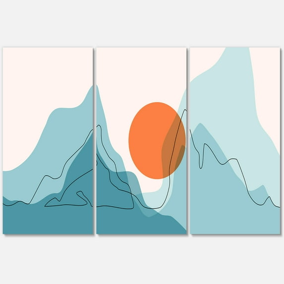 Designart ' Abstract Blue Mountains With Red Moon I ' Modern Canvas Wall Art Print