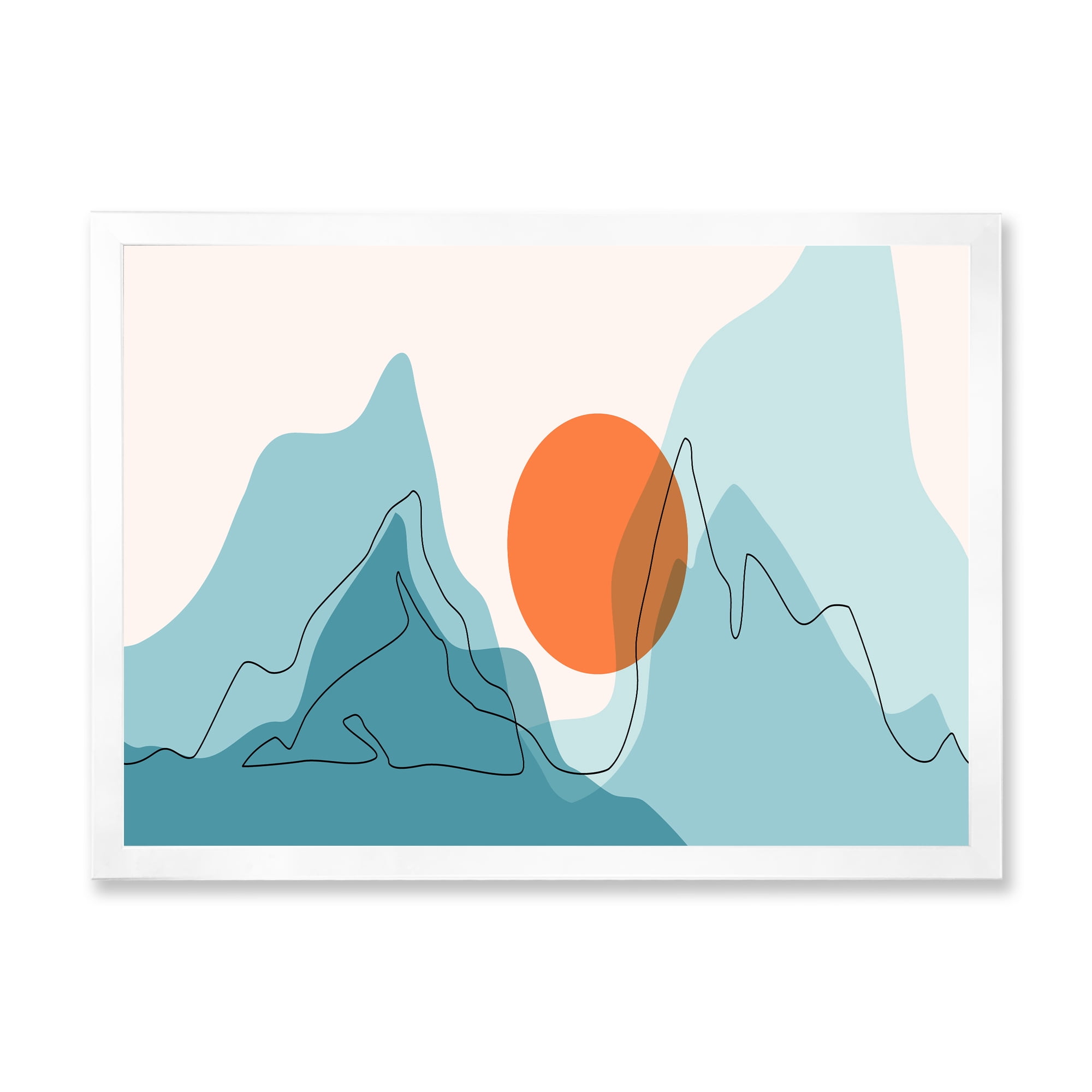Designart 'Abstract Blue Mountains With Red Moon I' Modern Framed Art Print