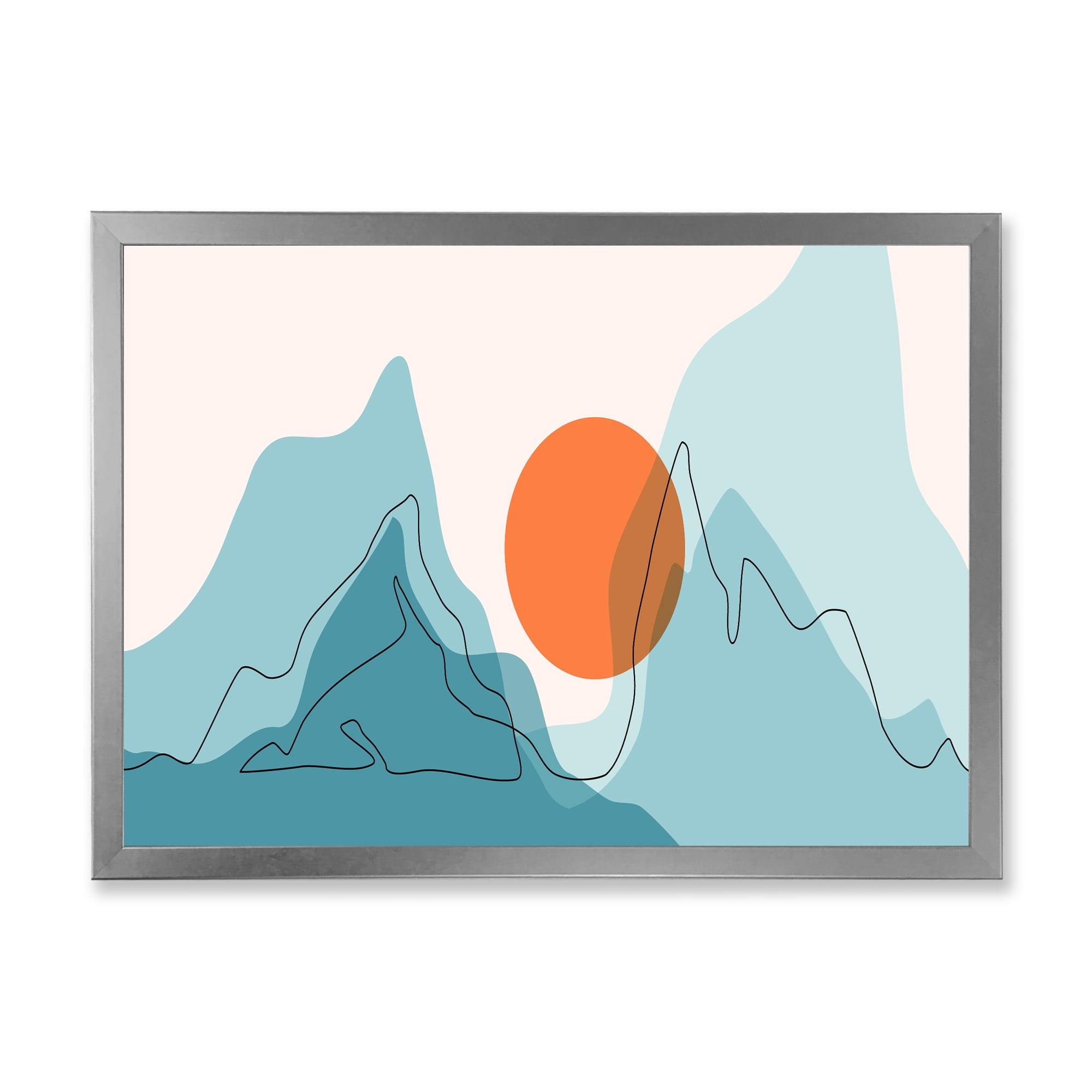 Designart 'Abstract Blue Mountains With Red Moon I' Modern Framed Art Print