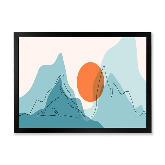 Designart 'Abstract Blue Mountains With Red Moon I' Modern Framed Art Print