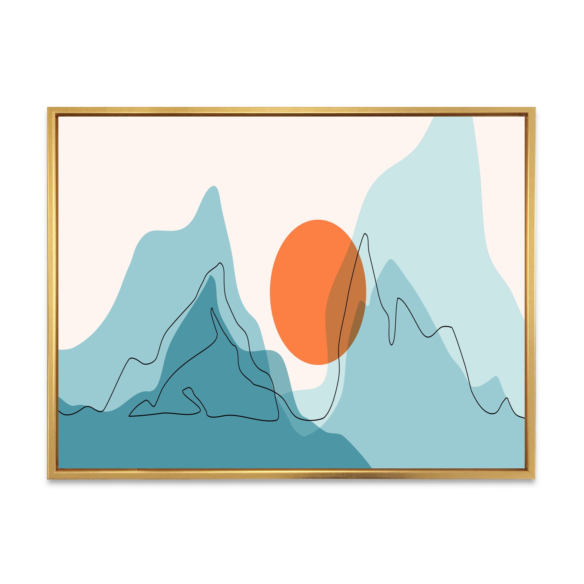 Designart 'Abstract Blue Mountains With Red Moon I' Modern Framed Canvas Wall Art Print