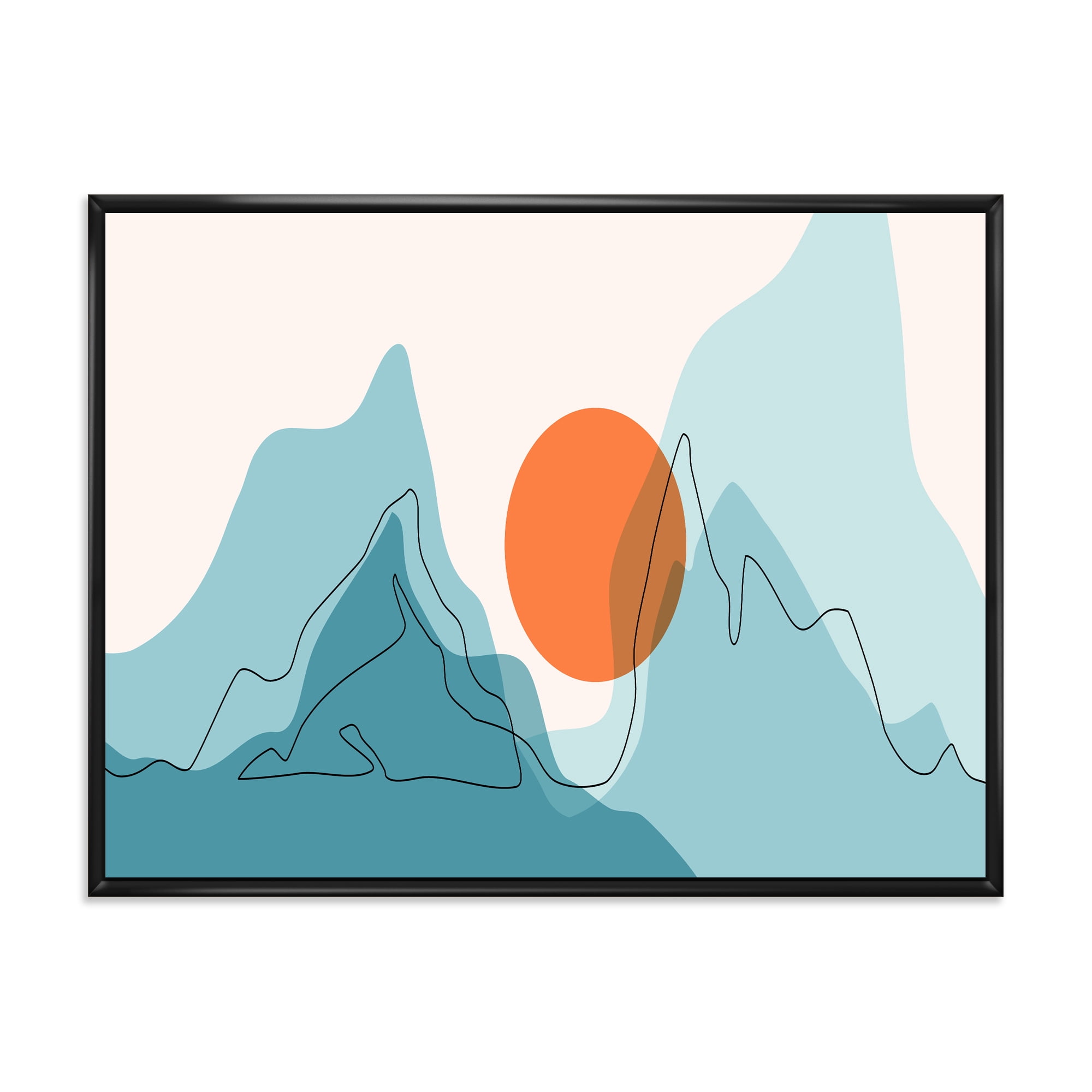 Designart 'Abstract Blue Mountains With Red Moon I' Modern Framed Canvas Wall Art Print