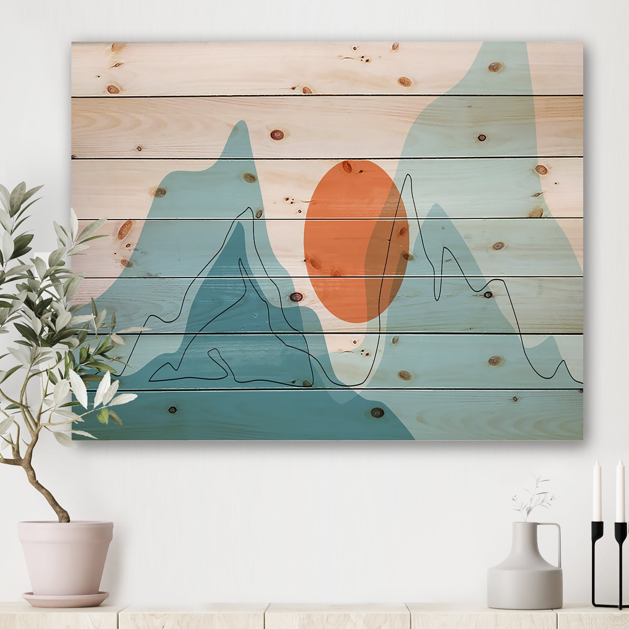 Designart 'Abstract Blue Mountains With Red Moon I' Modern Print on Natural Pine Wood