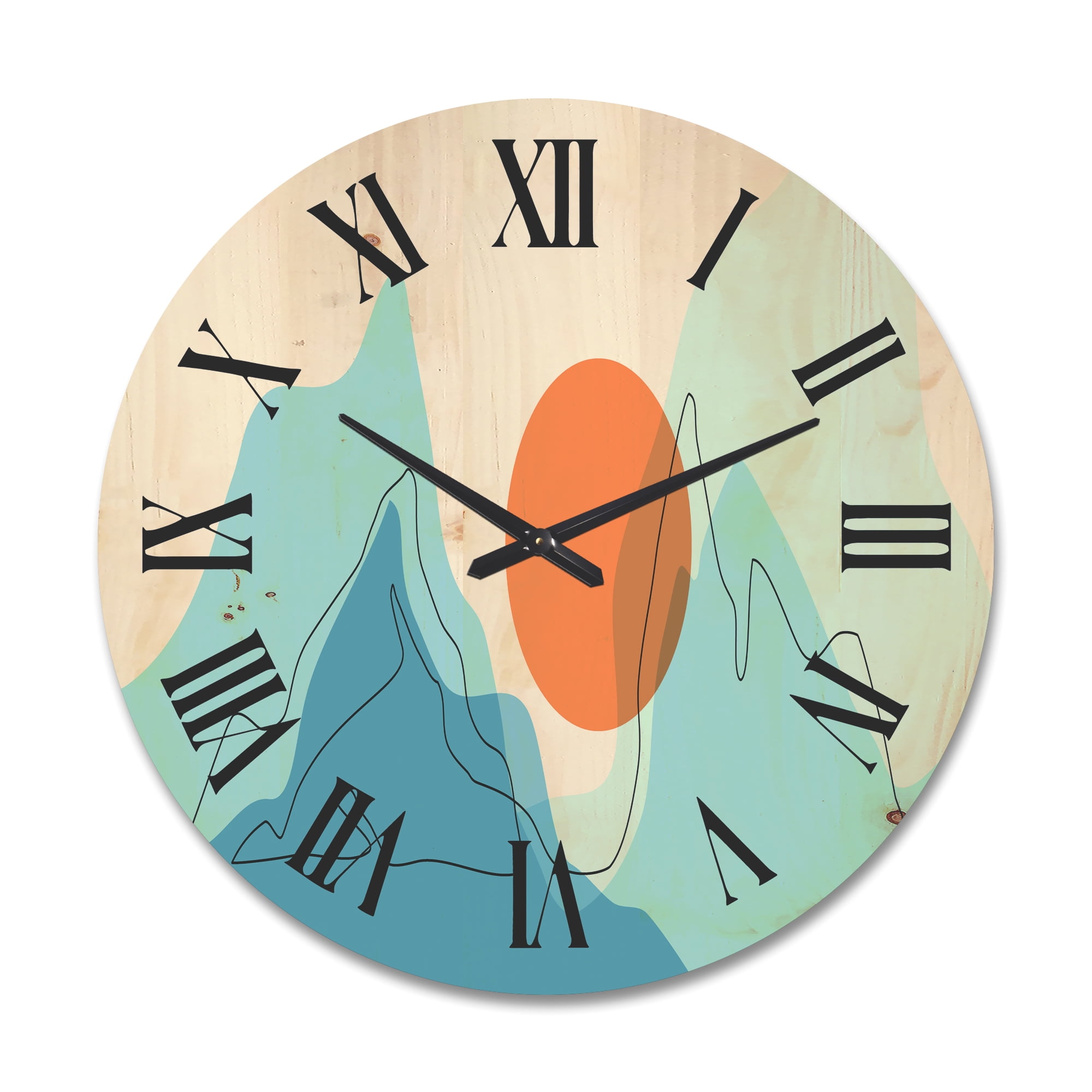 Designart 'Abstract Blue Mountains With Red Moon I' Modern Wood Wall Clock