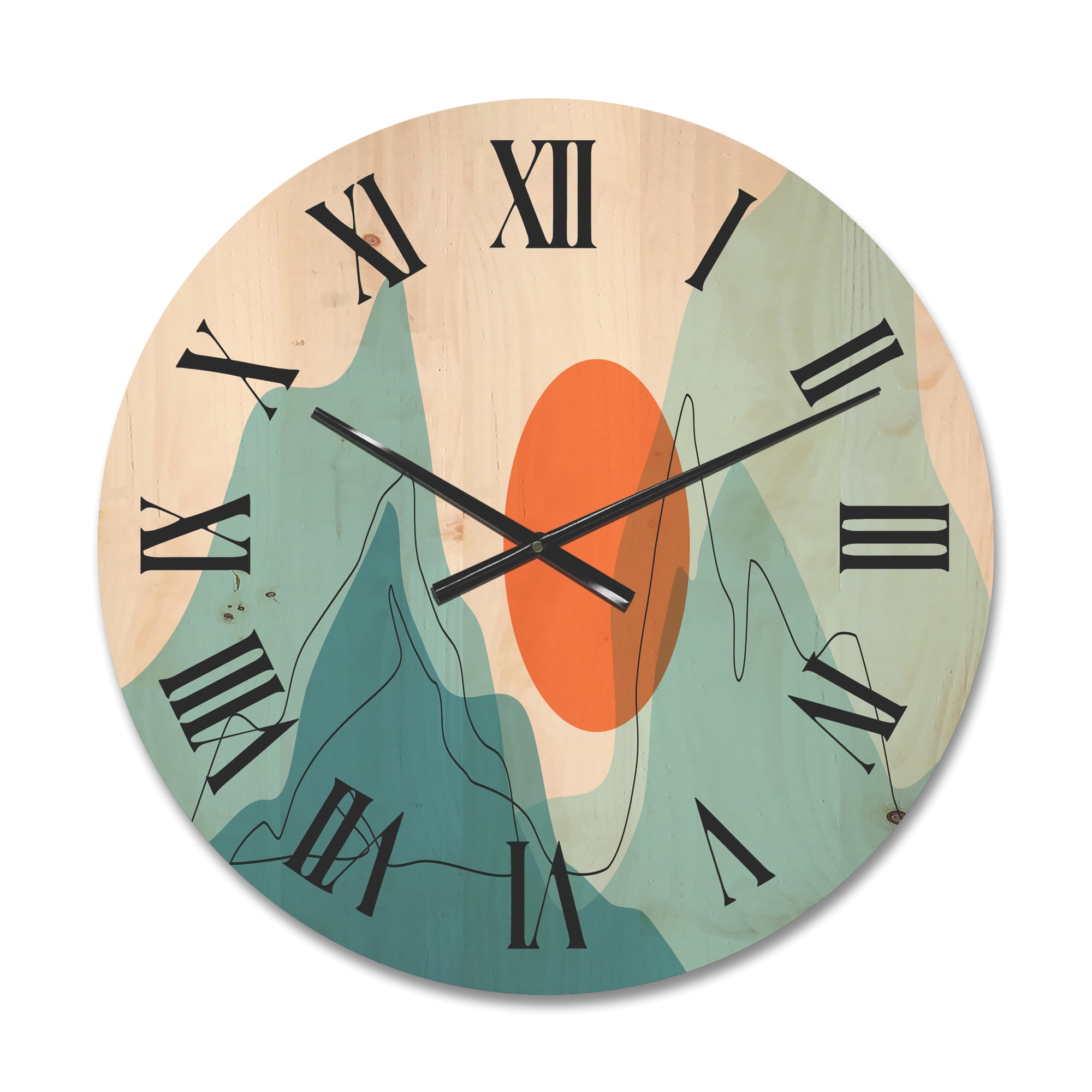 Designart 'Abstract Blue Mountains With Red Moon I' Modern Wood Wall Clock