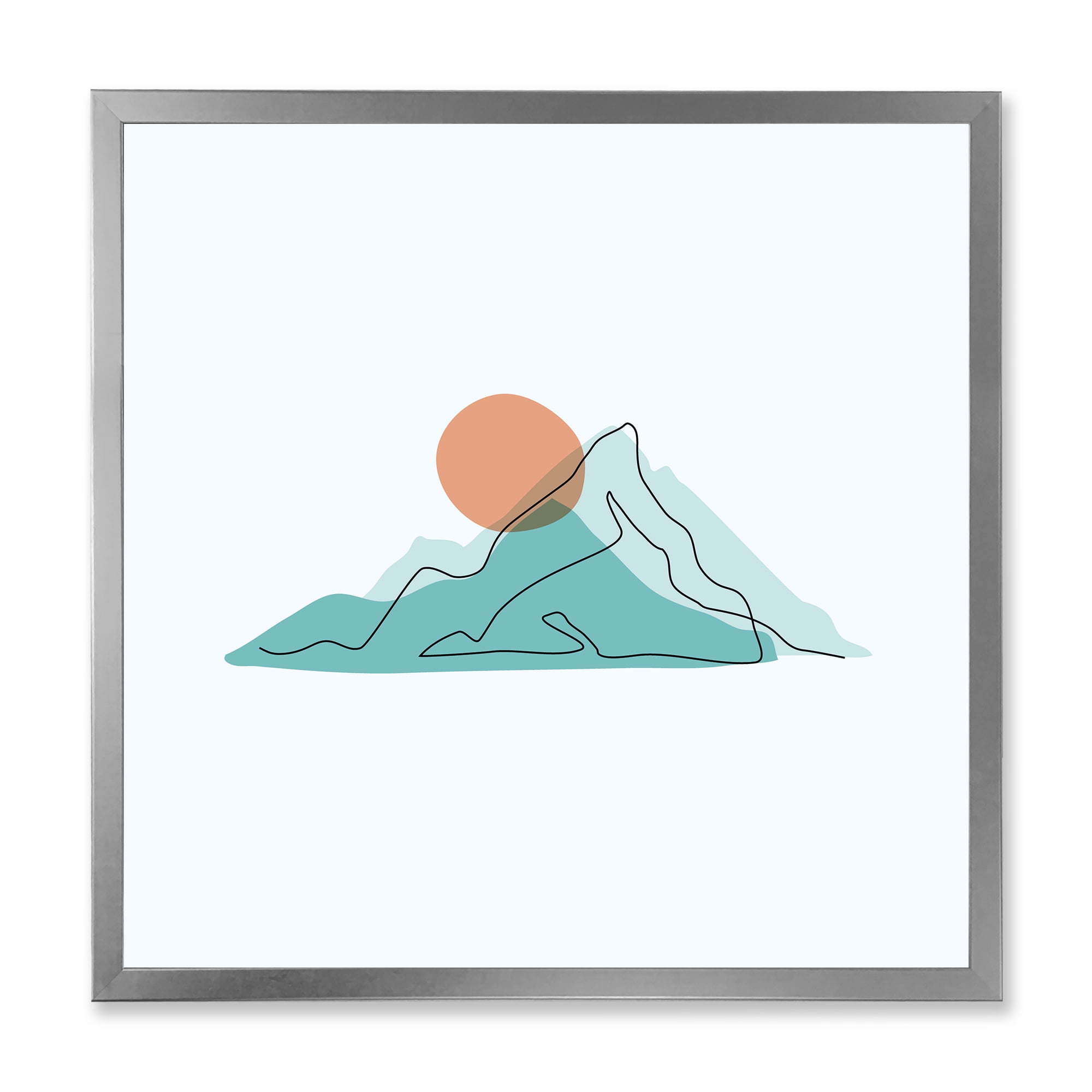 Designart 'Abstract Blue Mountains With Red Moon II' Modern Framed Art Print