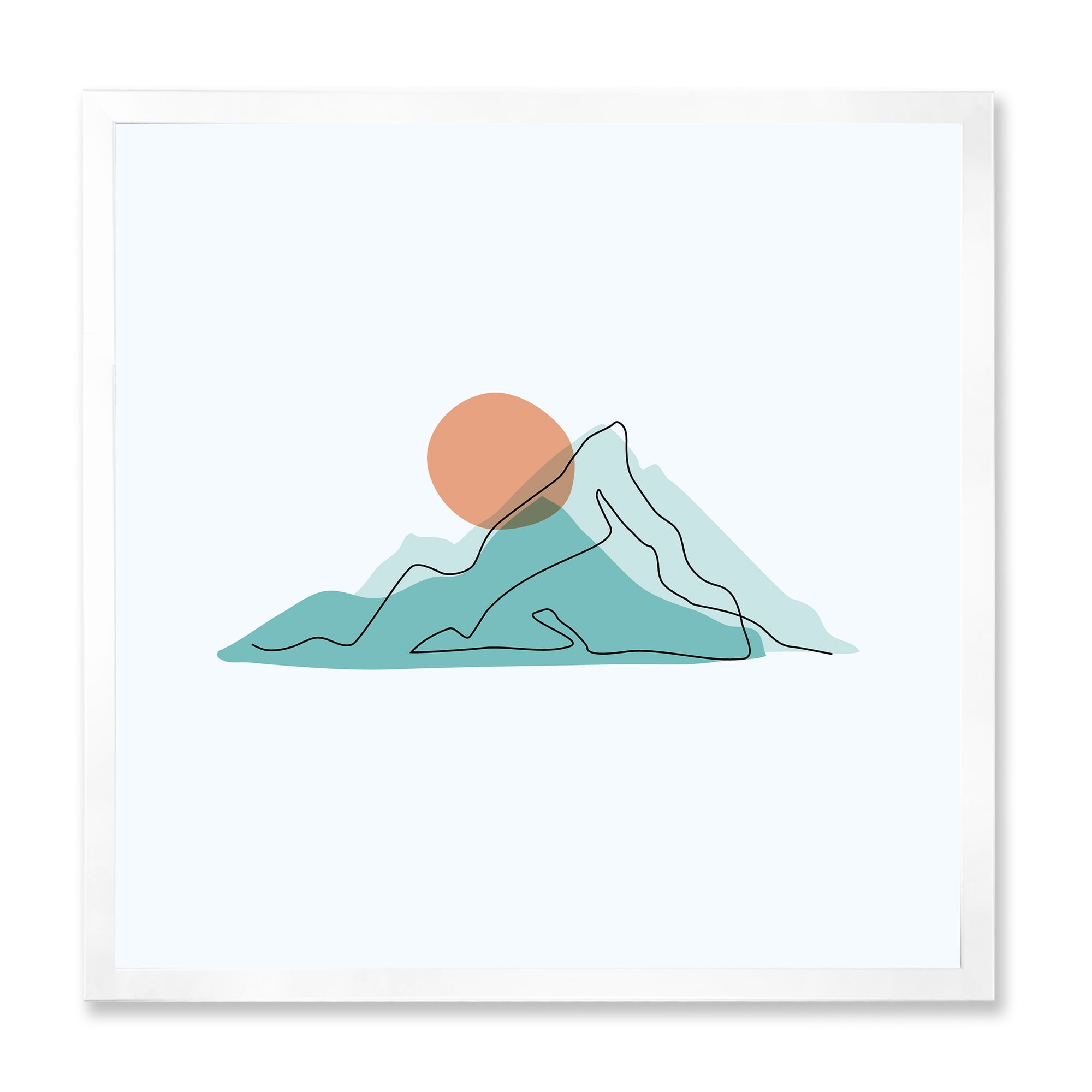 Designart 'Abstract Blue Mountains With Red Moon II' Modern Framed Art Print