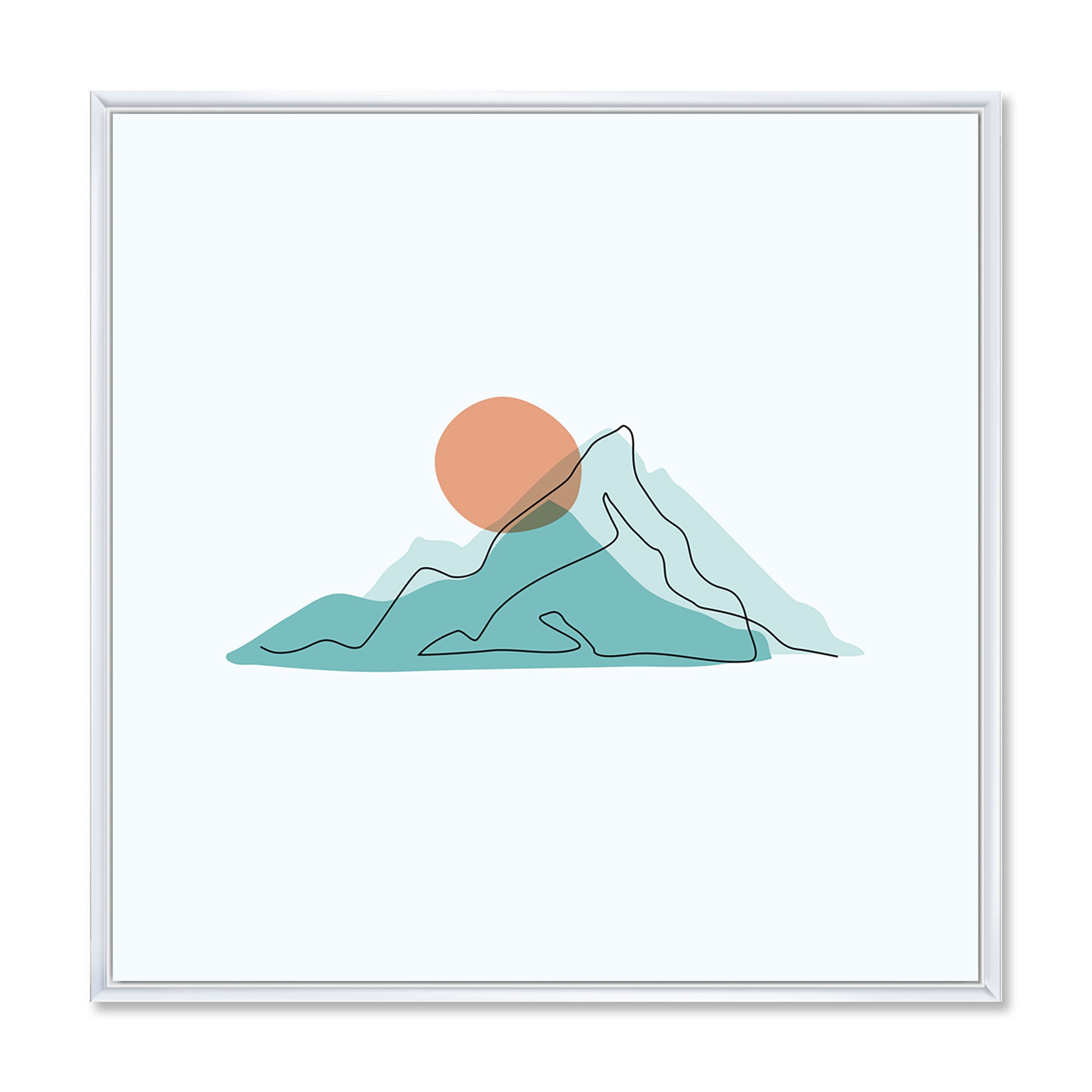 Designart 'Abstract Blue Mountains With Red Moon II' Modern Framed Canvas Wall Art Print