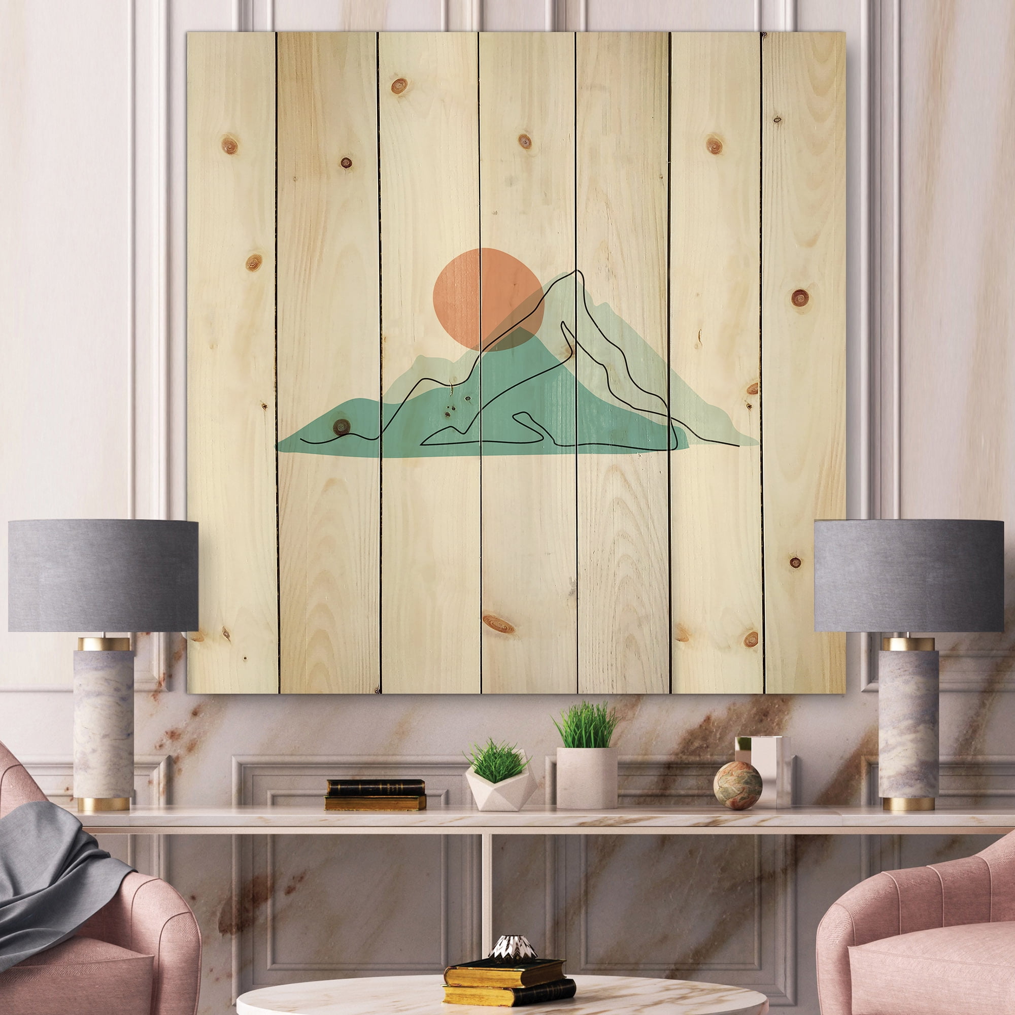 Designart 'Abstract Blue Mountains With Red Moon II' Modern Print on Natural Pine Wood