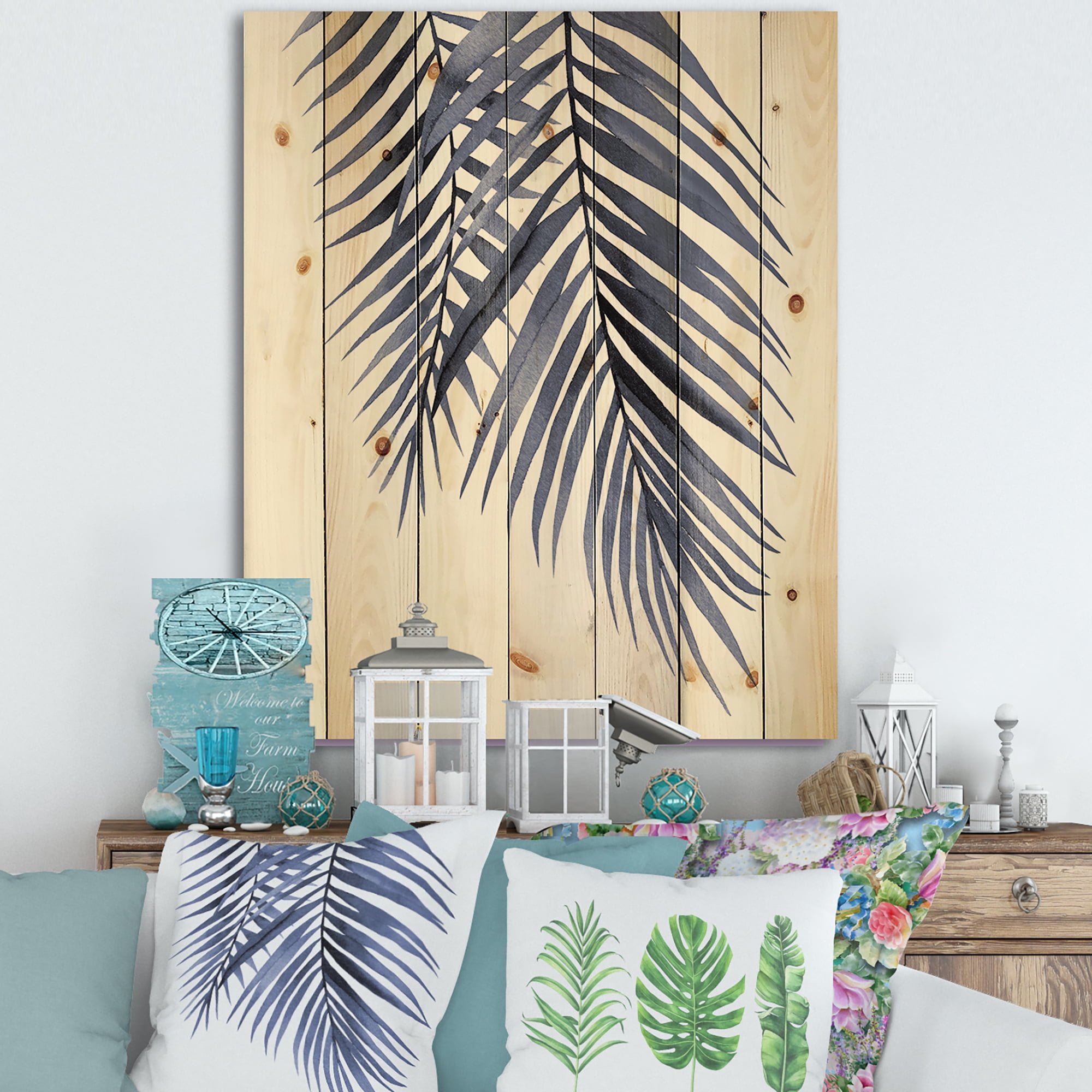 Designart 'Abstract Blue Palm Leaves Tropical Branches' Traditional Print on Natural Pine Wood