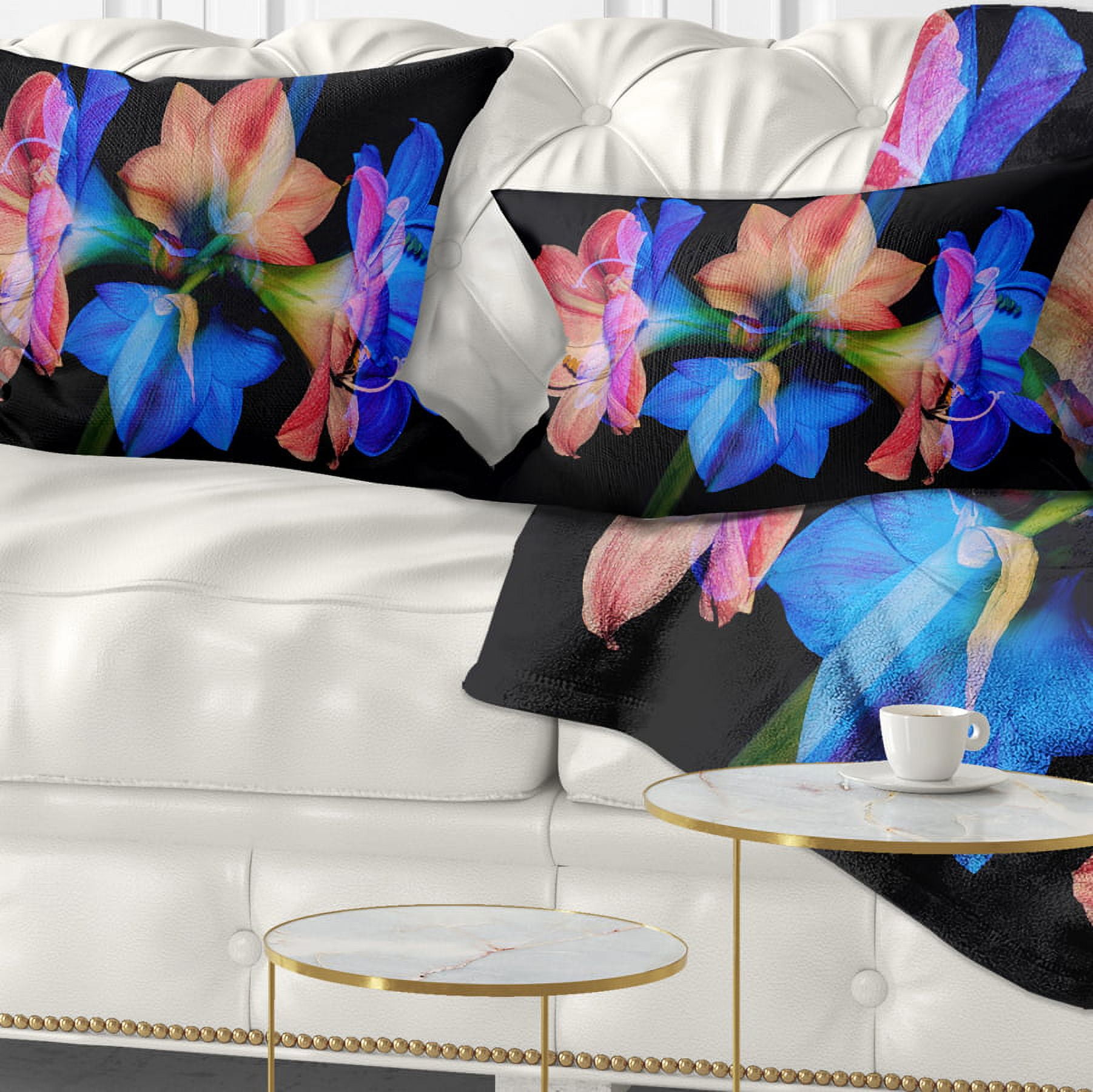 Designart Abstract Blue Red Flower on Black - Floral Throw Pillow - 12x20