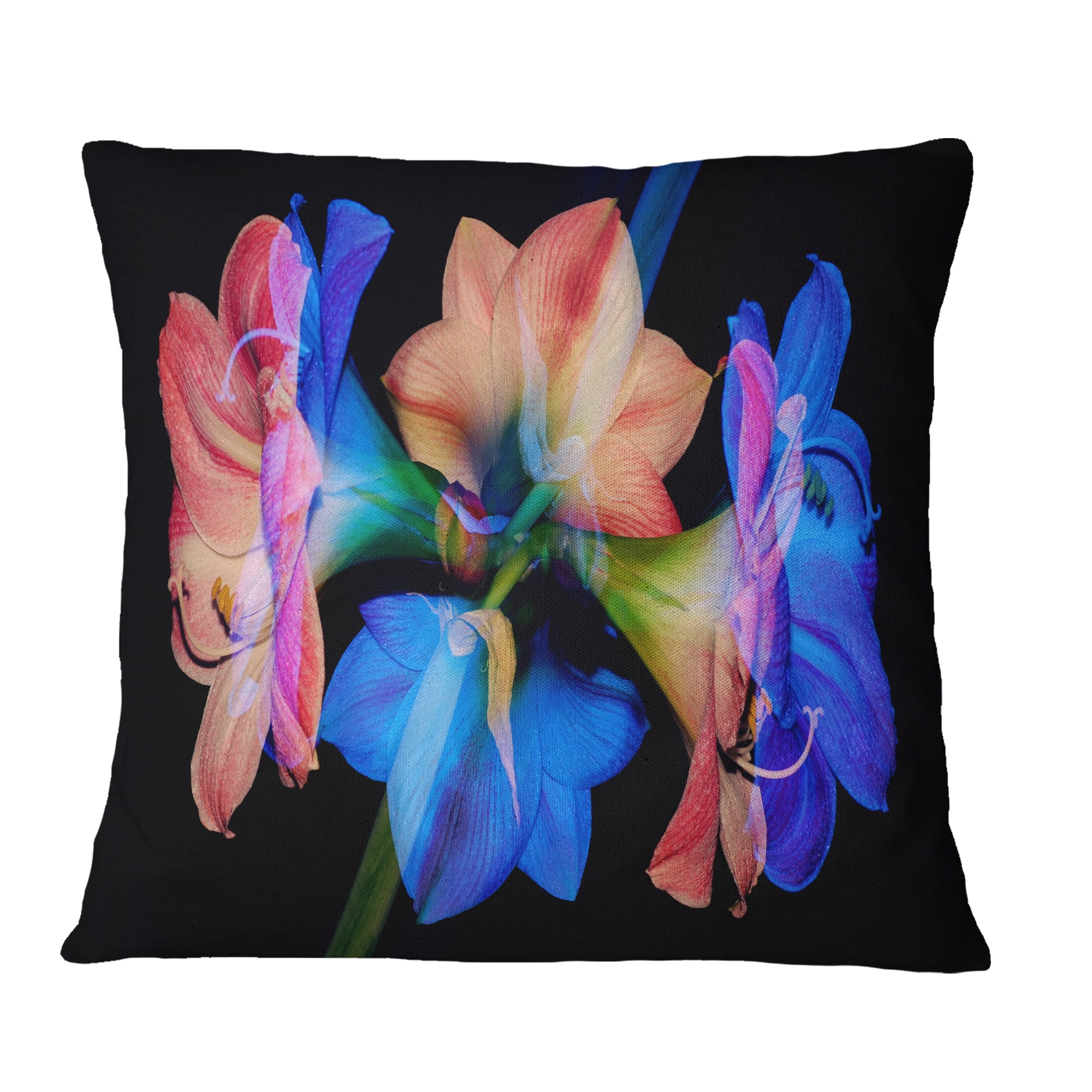 Designart Abstract Blue Red Flower on Black - Floral Throw Pillow - 16x16