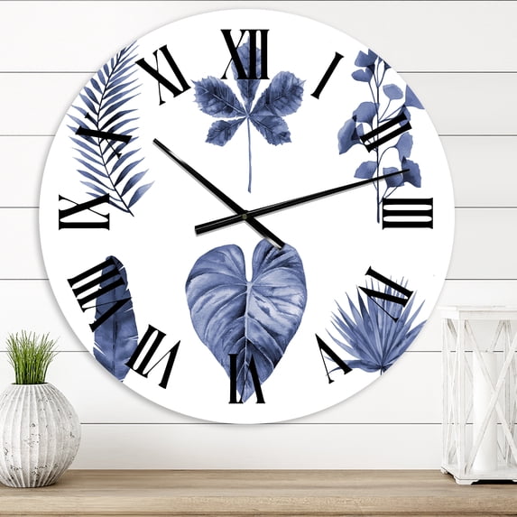 Designart 'Abstract Blue Set Of Plant Leaves' Traditional Wall Clock