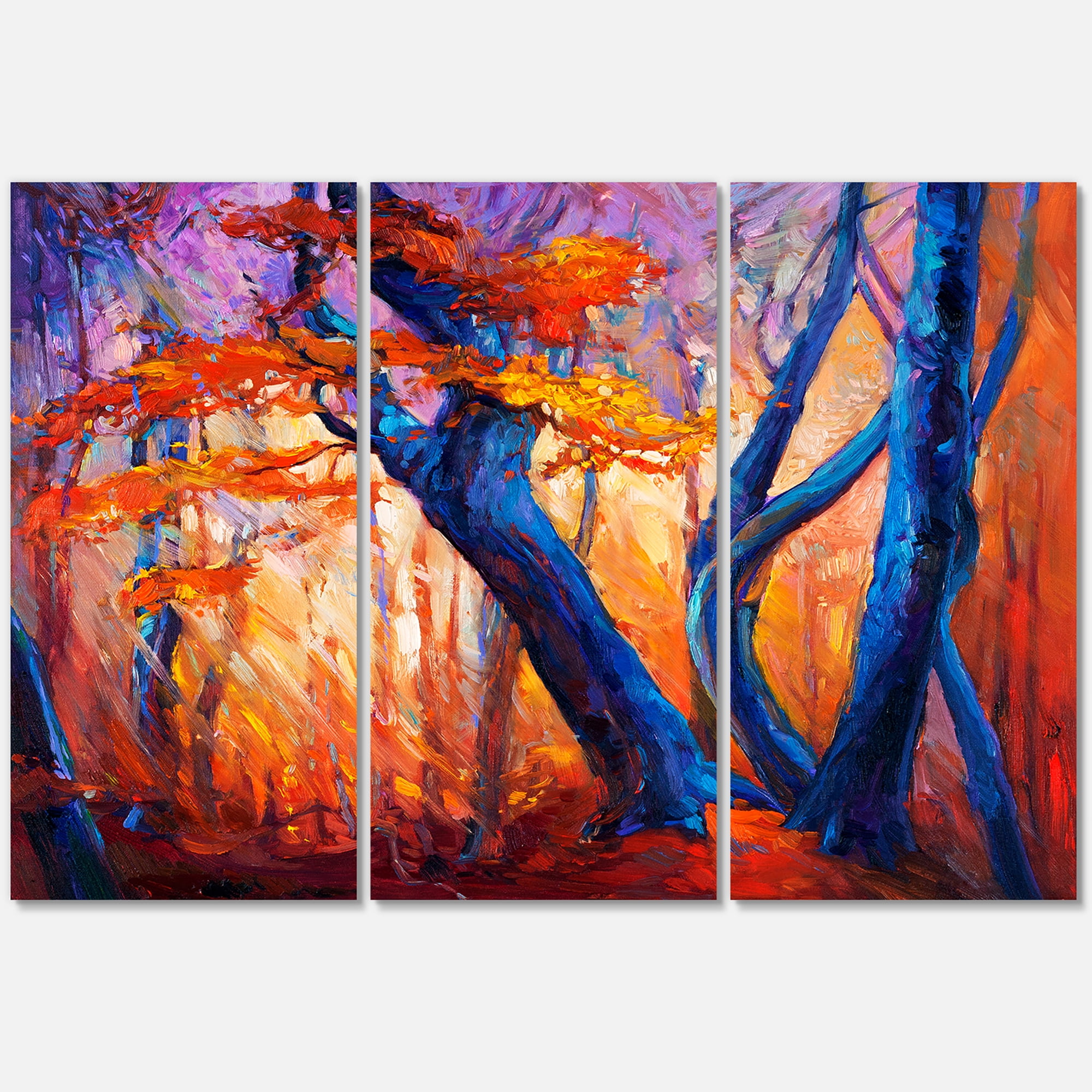 Designart ' Abstract Blue Silhouettes Of Trees In Orange Autumn Forest ' Farmhouse Canvas Wall Art Print