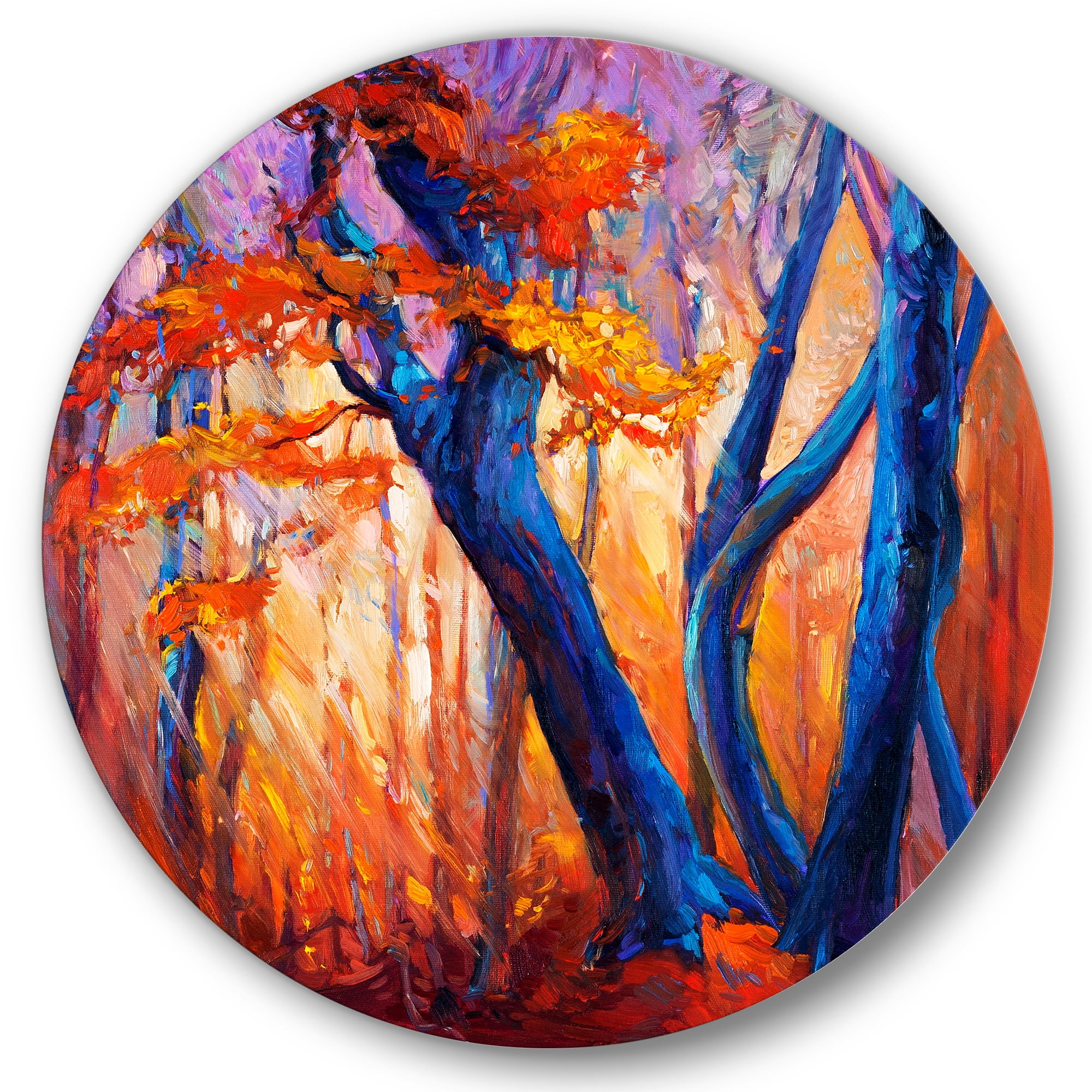 Designart 'Abstract Blue Silhouettes Of Trees In Orange Autumn Forest' Farmhouse Circle Metal Wall Art 11x11 - Disc of 11