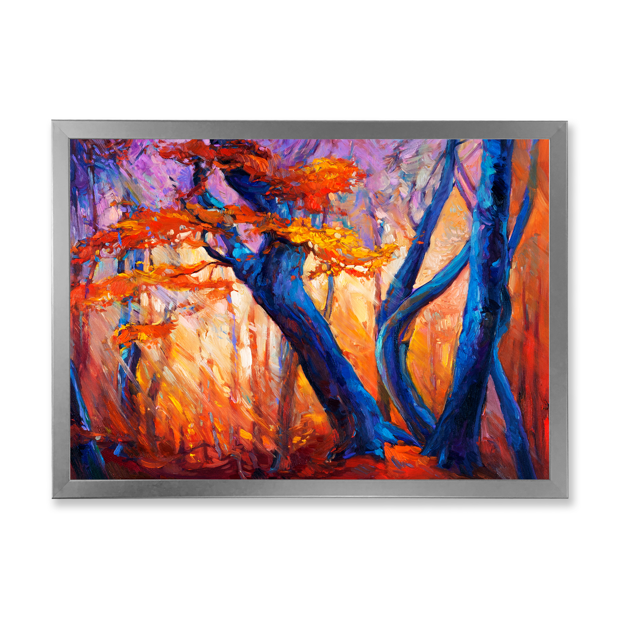 Designart 'Abstract Blue Silhouettes Of Trees In Orange Autumn Forest' Farmhouse Framed Art Print