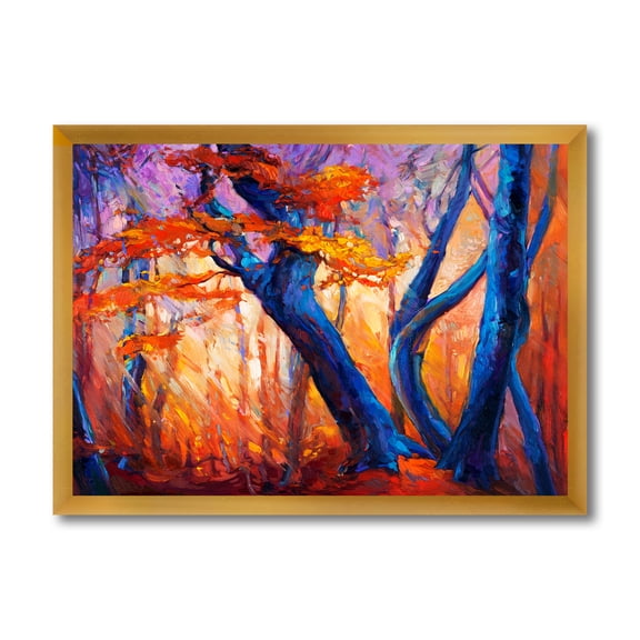 Designart 'Abstract Blue Silhouettes Of Trees In Orange Autumn Forest' Farmhouse Framed Art Print