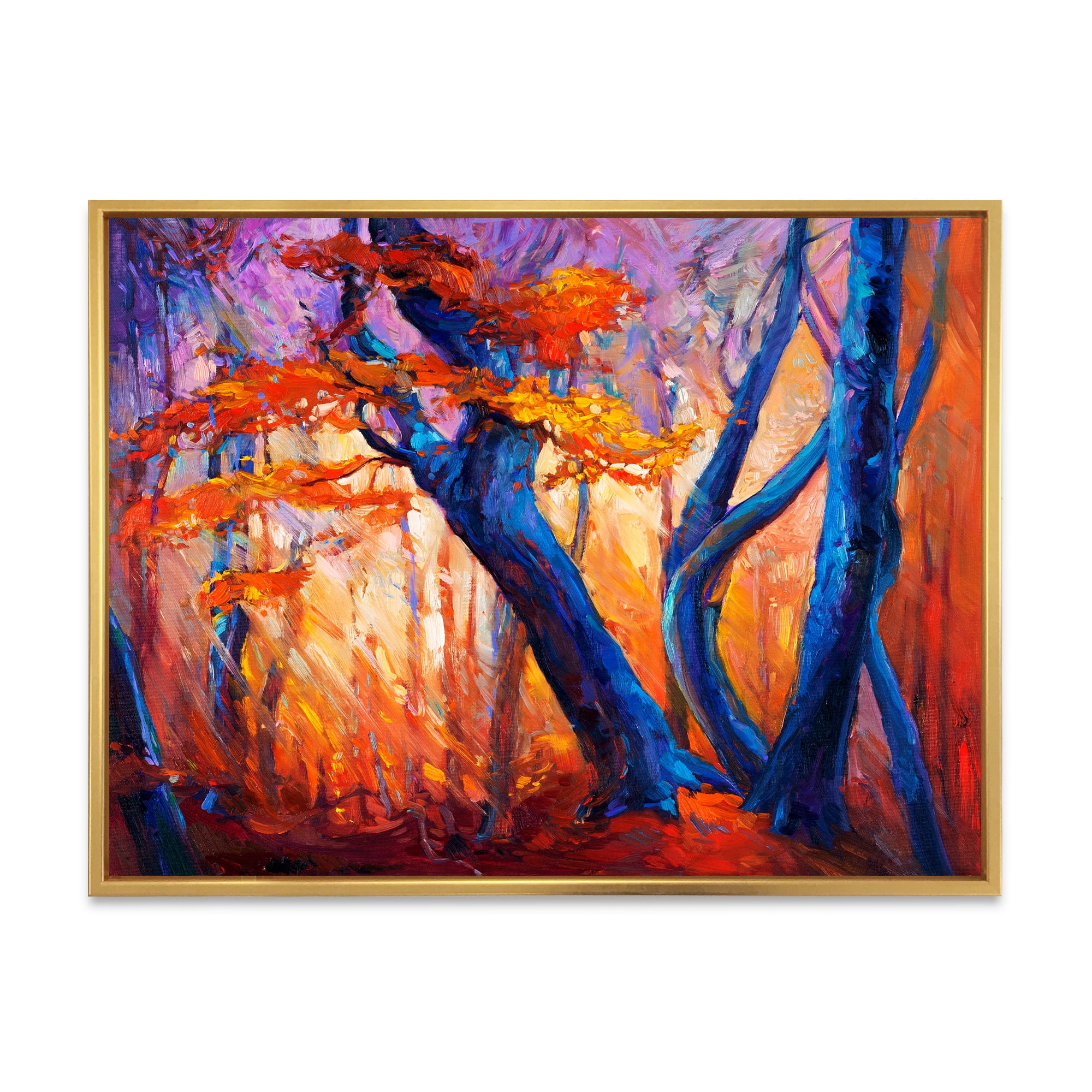 Designart 'Abstract Blue Silhouettes Of Trees In Orange Autumn Forest' Farmhouse Framed Canvas Wall Art Print
