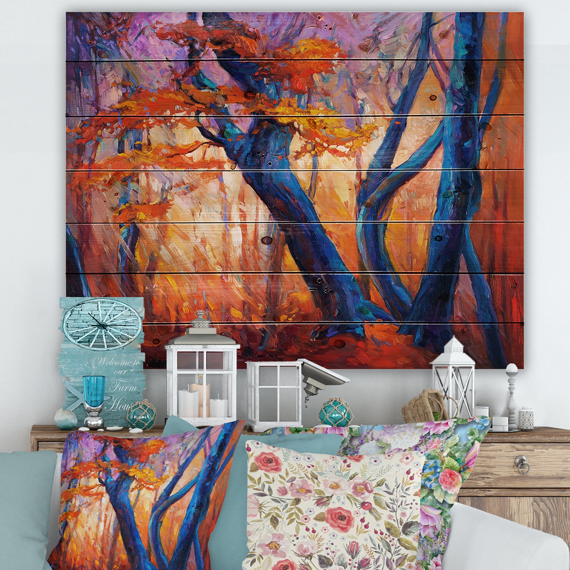 Designart 'Abstract Blue Silhouettes Of Trees In Orange Autumn Forest' Farmhouse Print on Natural Pine Wood
